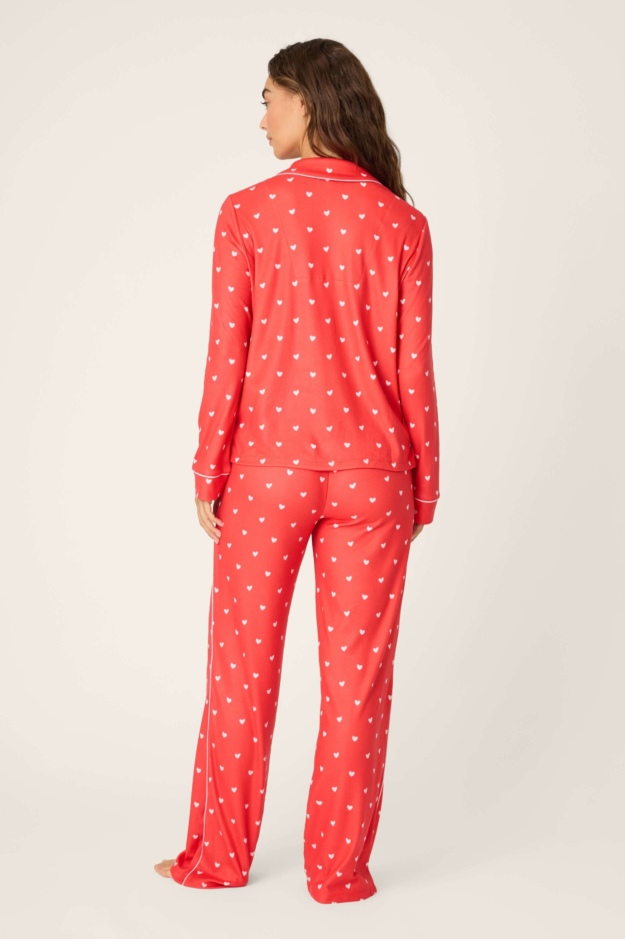 Red Hearts Pointelle Button Up Pajama Gift Set featuring a vibrant red color and light pink hearts.
