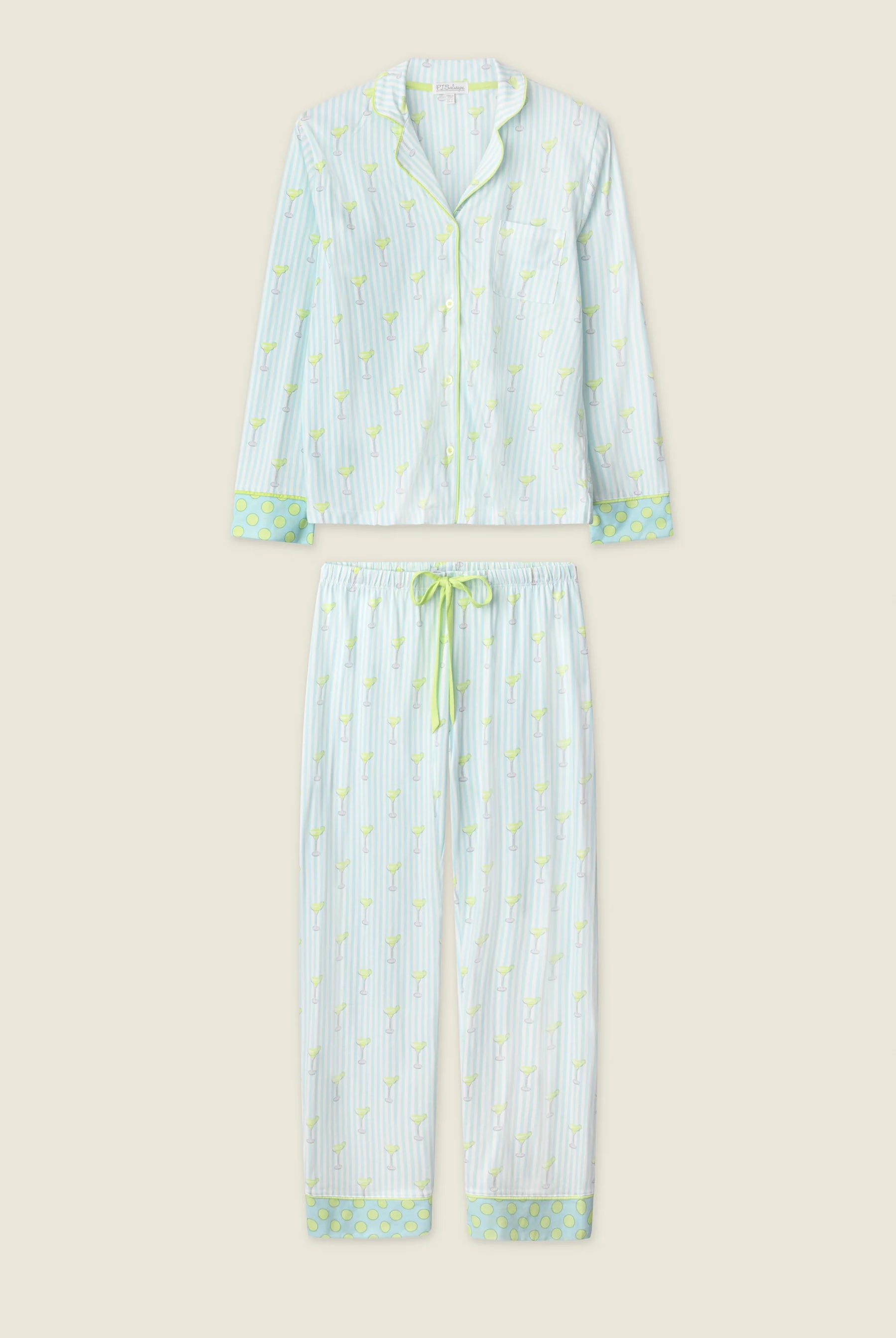 Playful Prints Cotton-Modal Long Sleeve Pajama Set by PJ Salvage featuring a light green striped design.