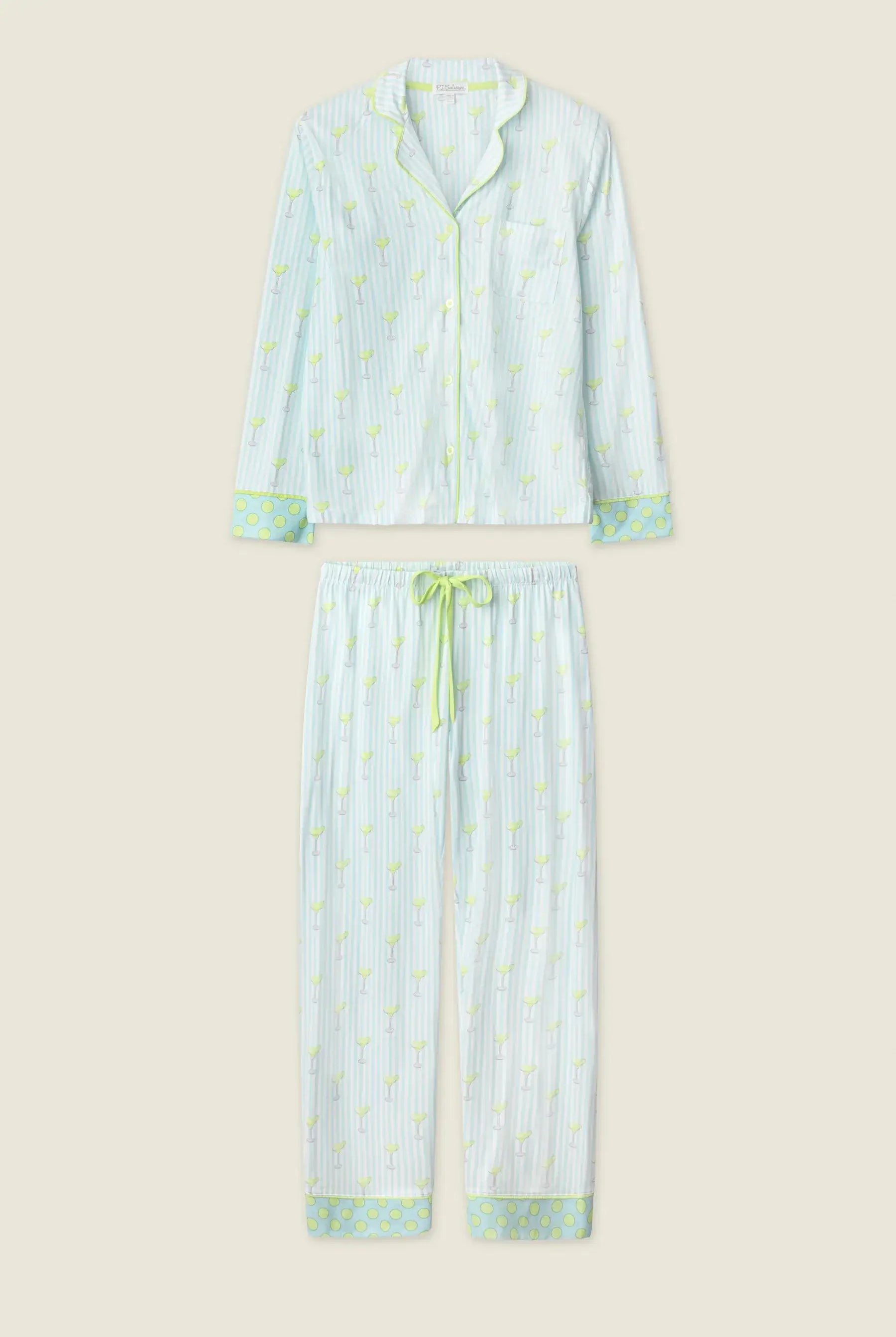 Playful Prints Cotton-Modal Long Sleeve Pajama Set by PJ Salvage featuring a light green striped design.
