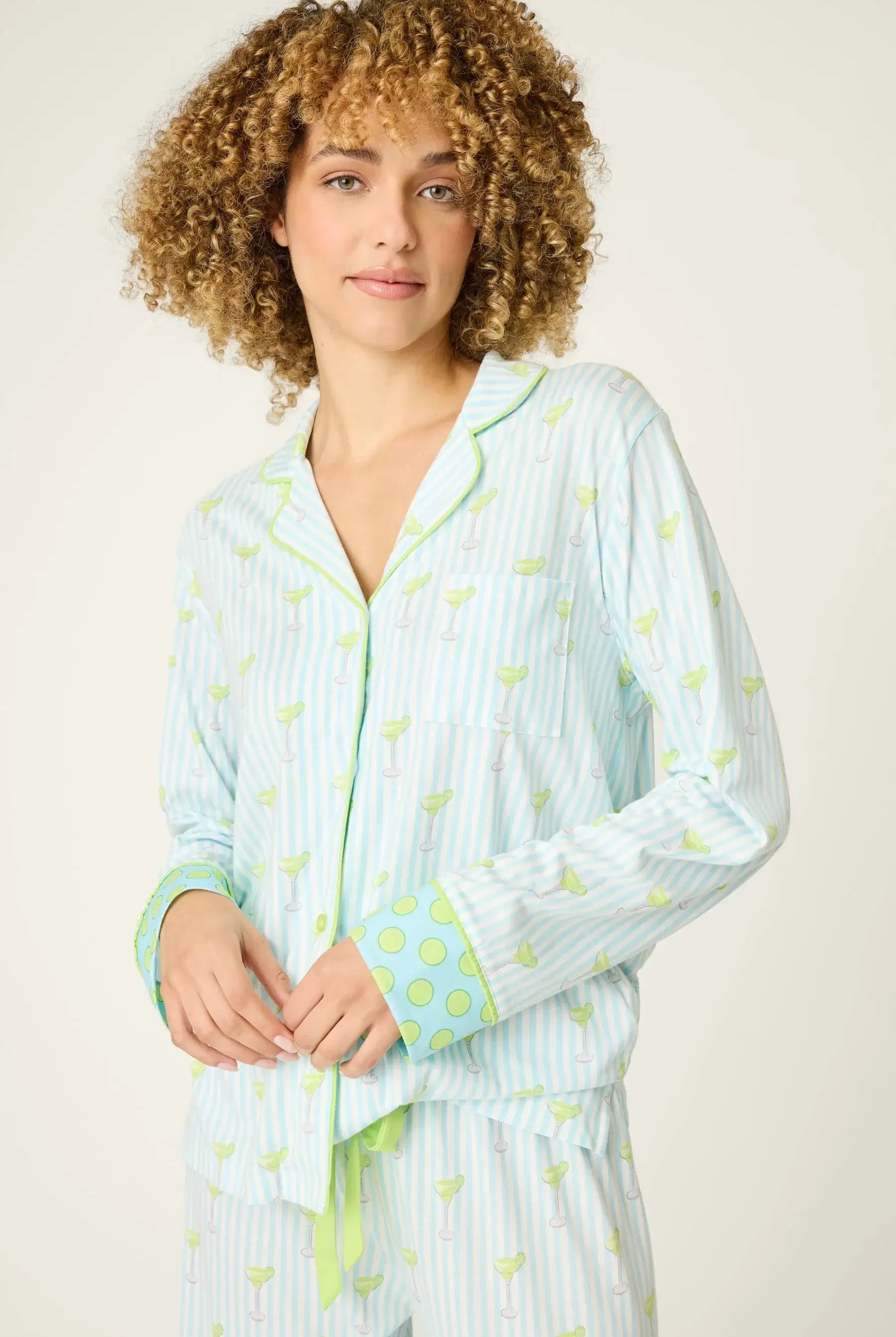 Playful Prints Cotton-Modal Long Sleeve Pajama Set by PJ Salvage in Salty Cadillac Light Blue Margarita Print