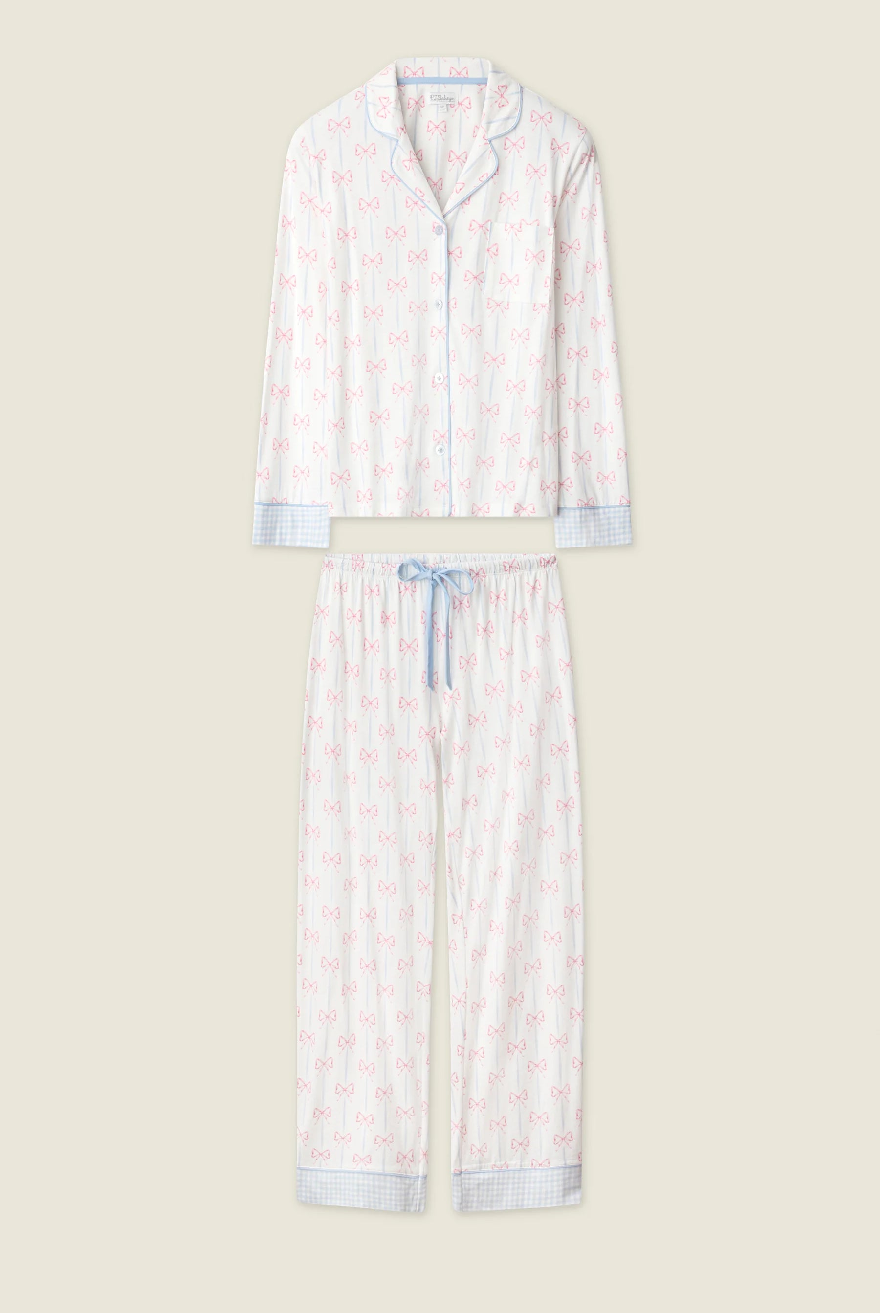 Playful Prints Cotton-Modal Long Sleeve Pajama Set by PJ Salvage displayed on a beige background.