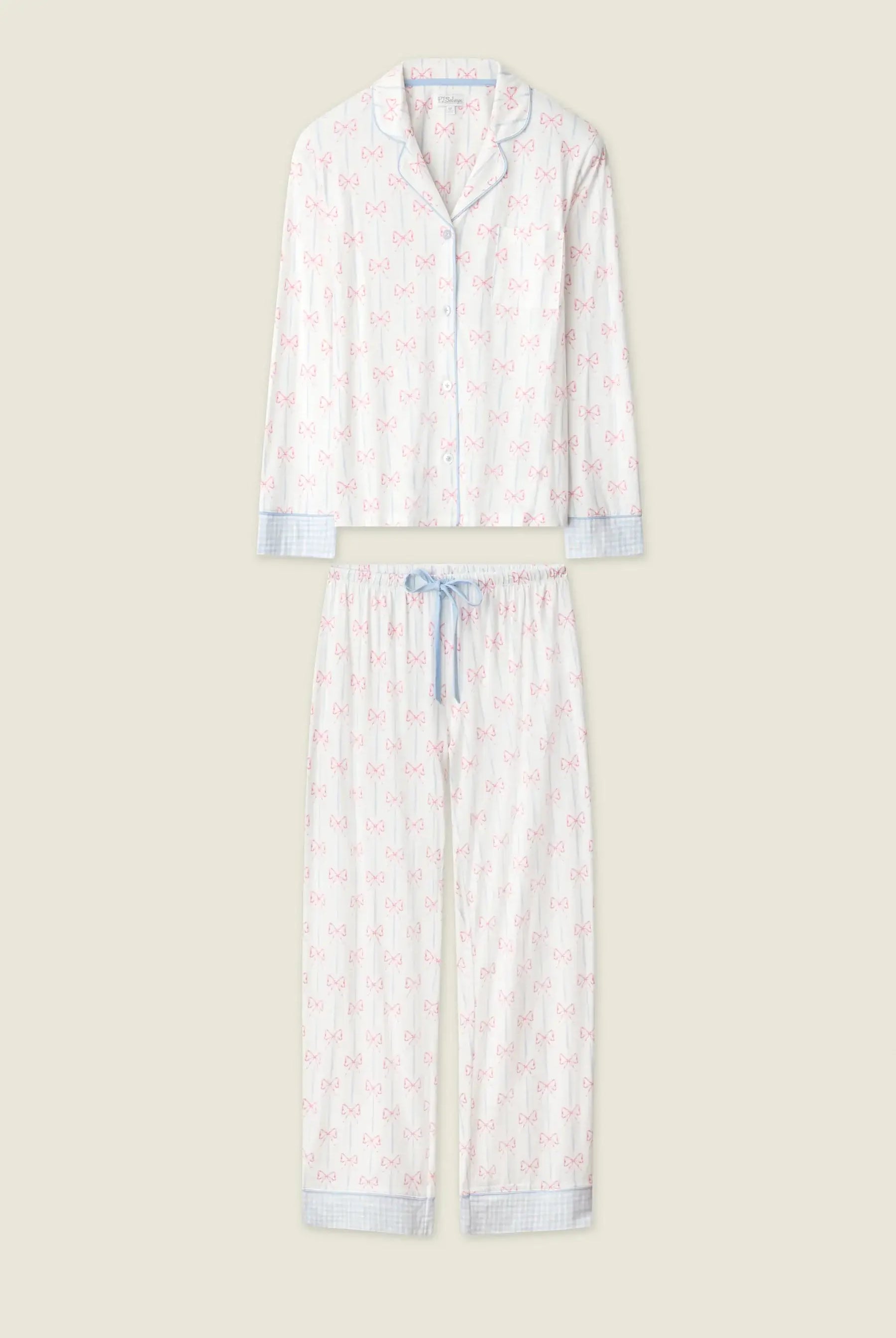 Playful Prints Cotton-Modal Long Sleeve Pajama Set by PJ Salvage displayed on a beige background.
