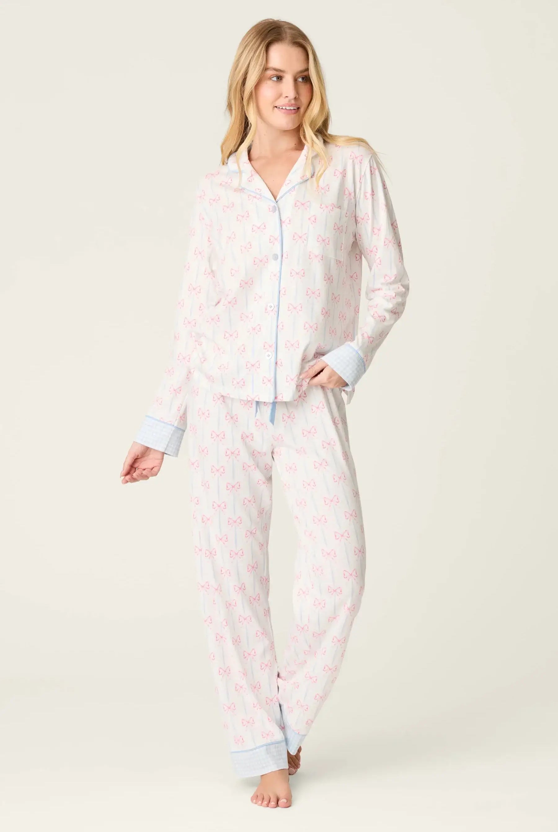 Playful Prints Cotton-Modal Long Sleeve Pajama Set by PJ Salvage in All Wrapped Up Pink Bow Print