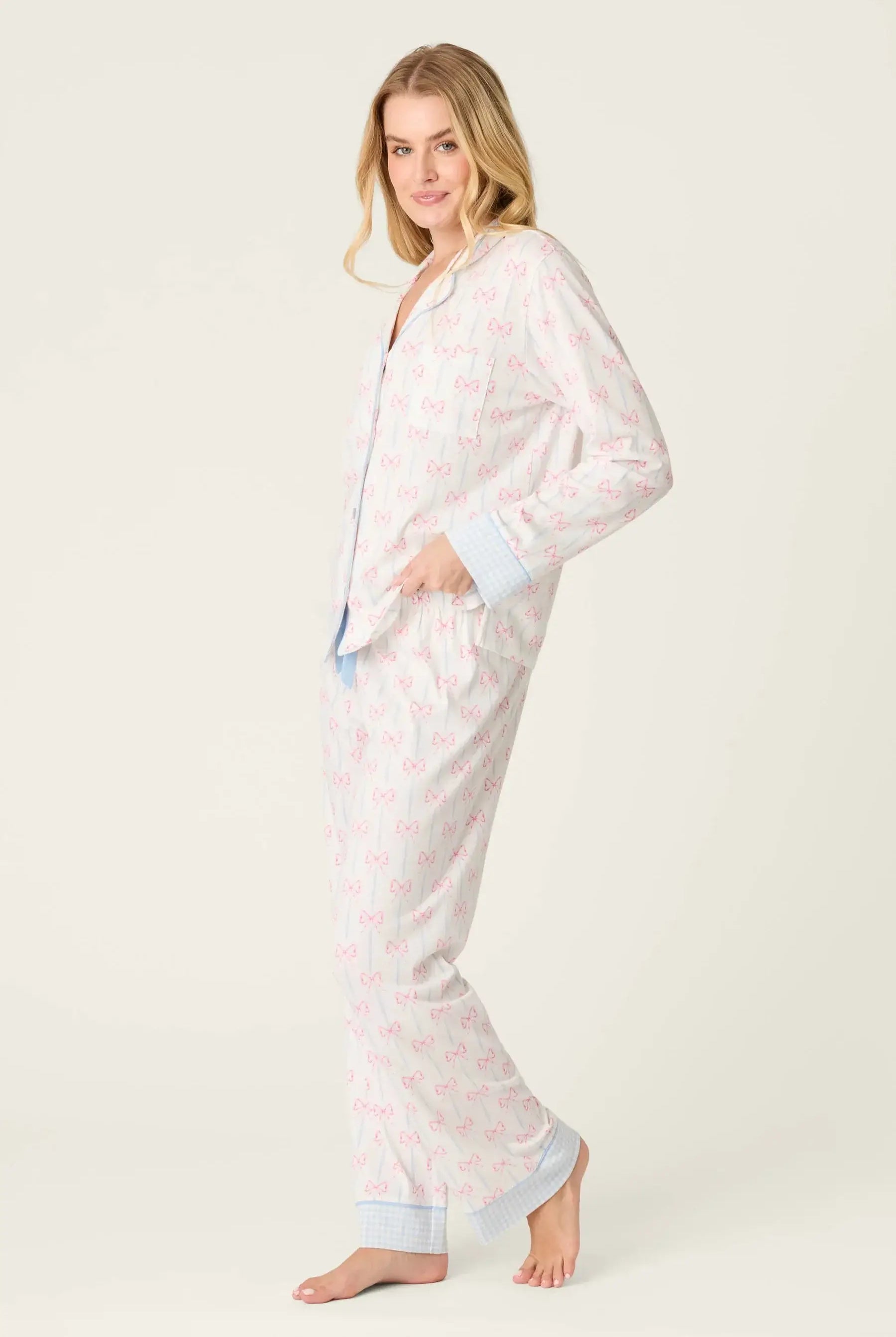 Playful Prints Cotton-Modal Long Sleeve Pajama Set by PJ Salvage in All Wrapped Up Pink Bow Print