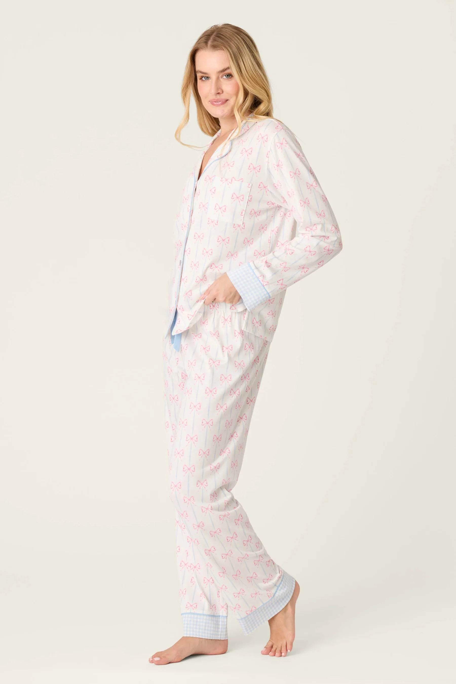Playful Prints Cotton-Modal Long Sleeve Pajama Set by PJ Salvage in All Wrapped Up Pink Bow Print