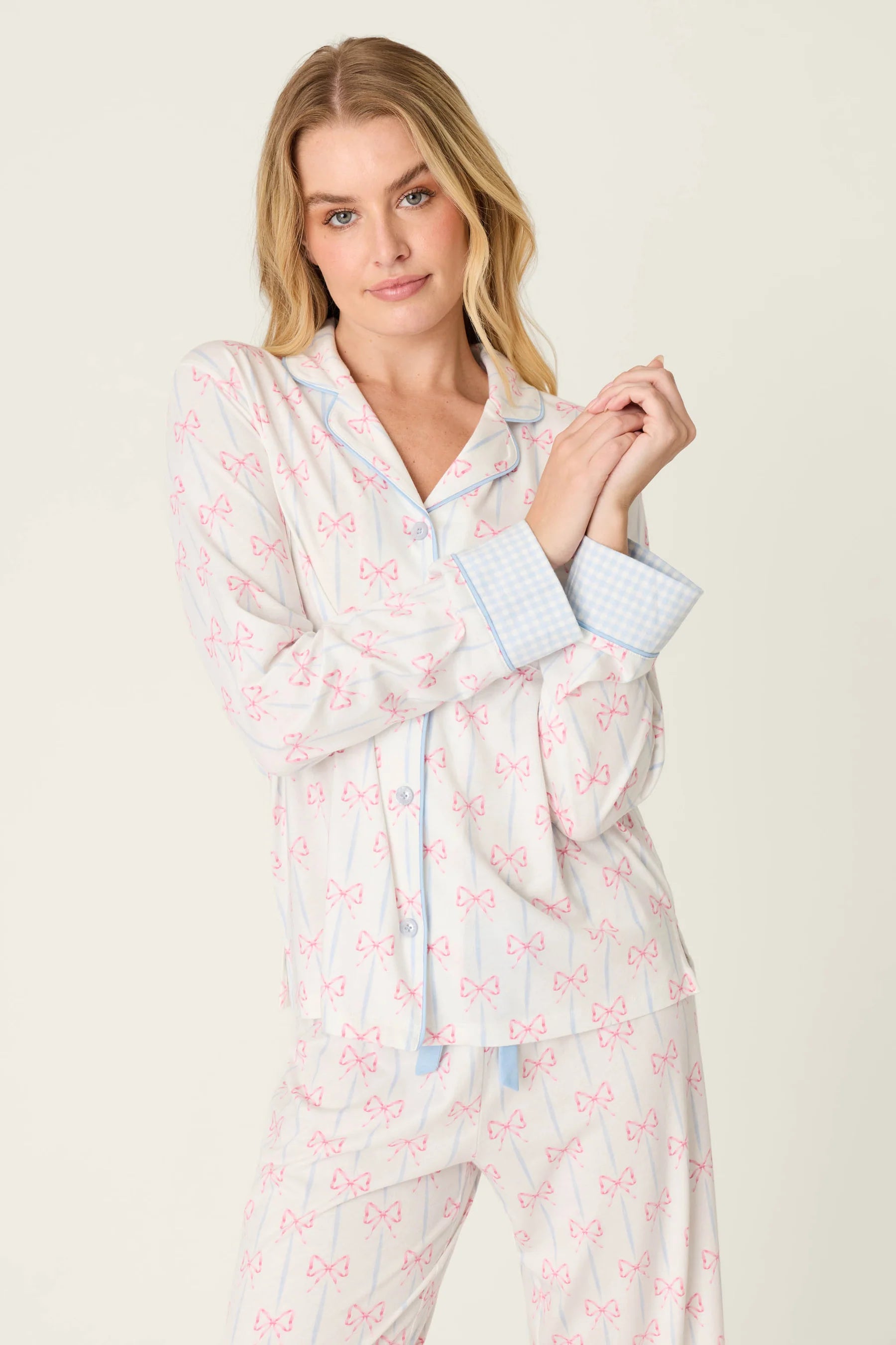 Playful Prints Cotton-Modal Long Sleeve Pajama Set by PJ Salvage in All Wrapped Up Pink Bow Print
