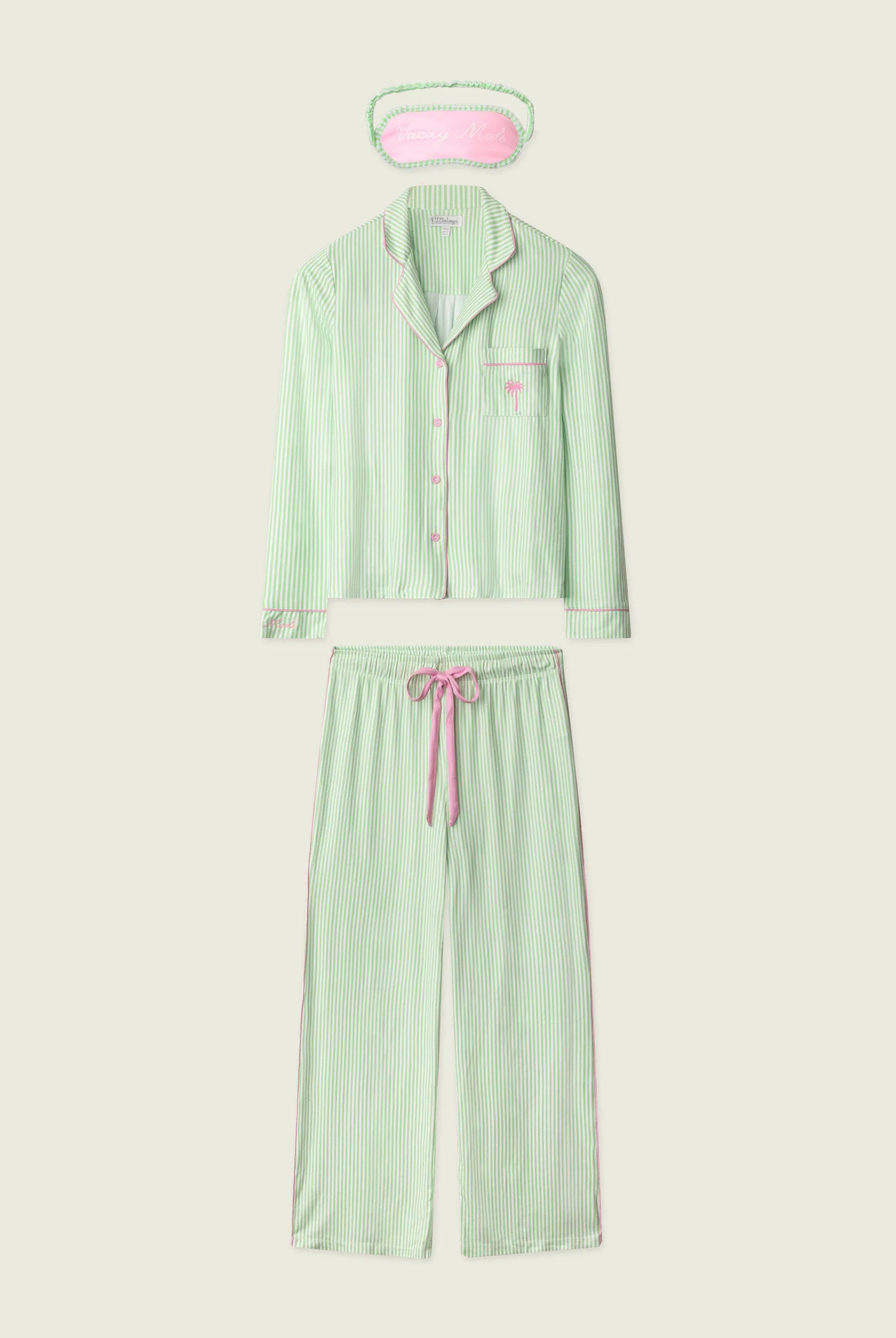 Pupcation Palms Vacay Mode Kiwi Stripe 3-Piece PJ Set PJ Salvage featuring a top, pants, and sleep mask.