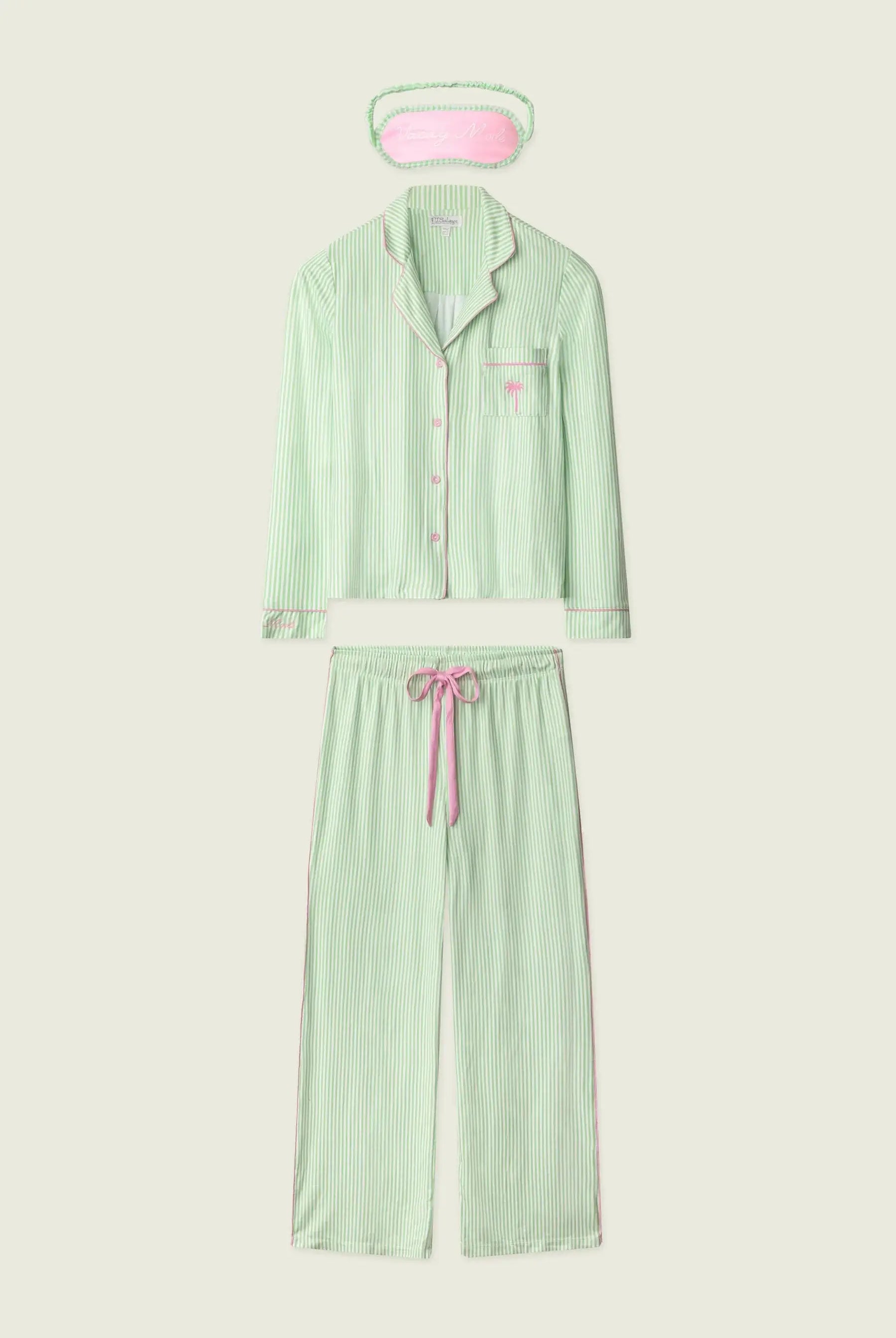 Pupcation Palms Vacay Mode Kiwi Stripe 3-Piece PJ Set PJ Salvage featuring a top, pants, and sleep mask.