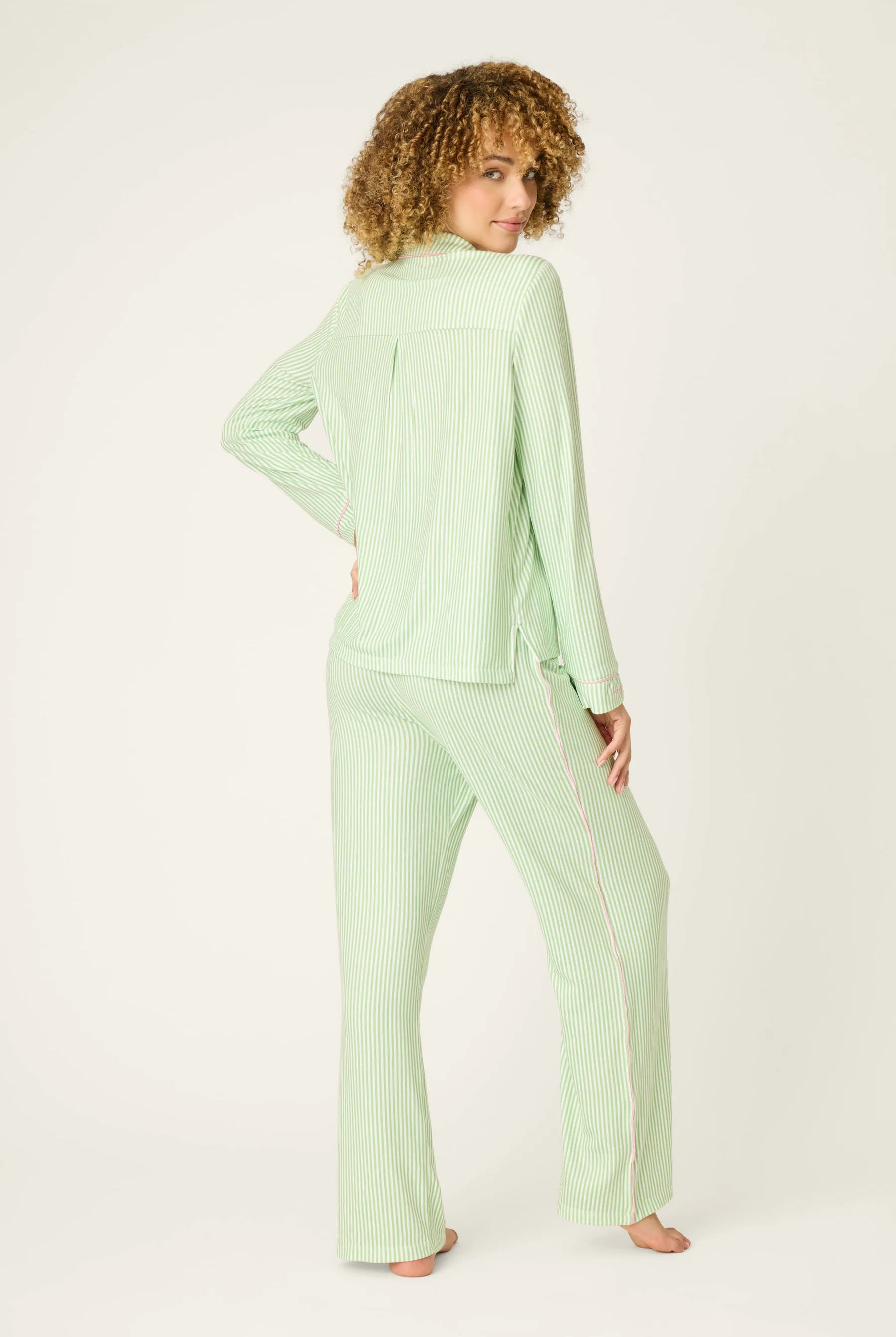 Pupcation Palms Vacay Mode Kiwi Stripe 3-Piece PJ Set PJ Salvage model showcasing the back view in a soft green shade.