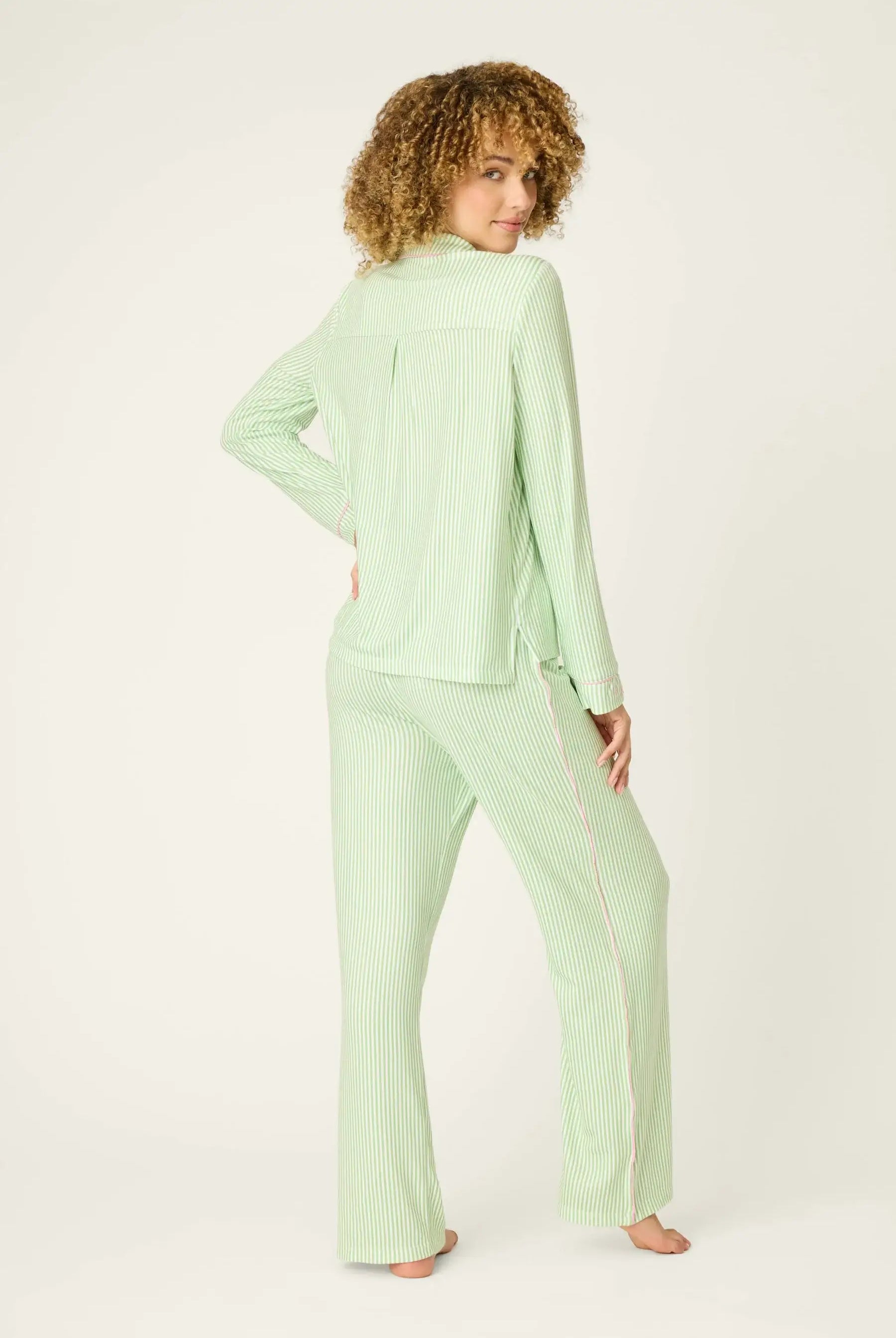 Pupcation Palms Vacay Mode Kiwi Stripe 3-Piece PJ Set PJ Salvage model showcasing the back view in a soft green shade.