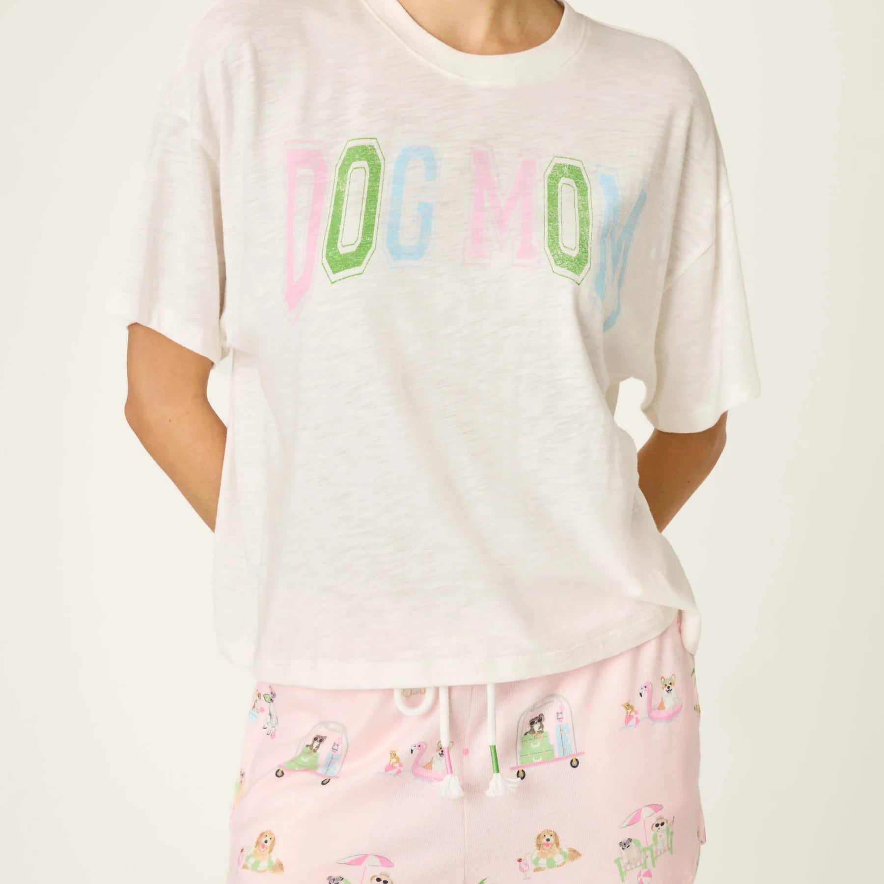 Pupcation Palms Dog Mom Graphic Tee by PJ Salvage worn with playful shorts, stylish casual outfit for dog lovers.