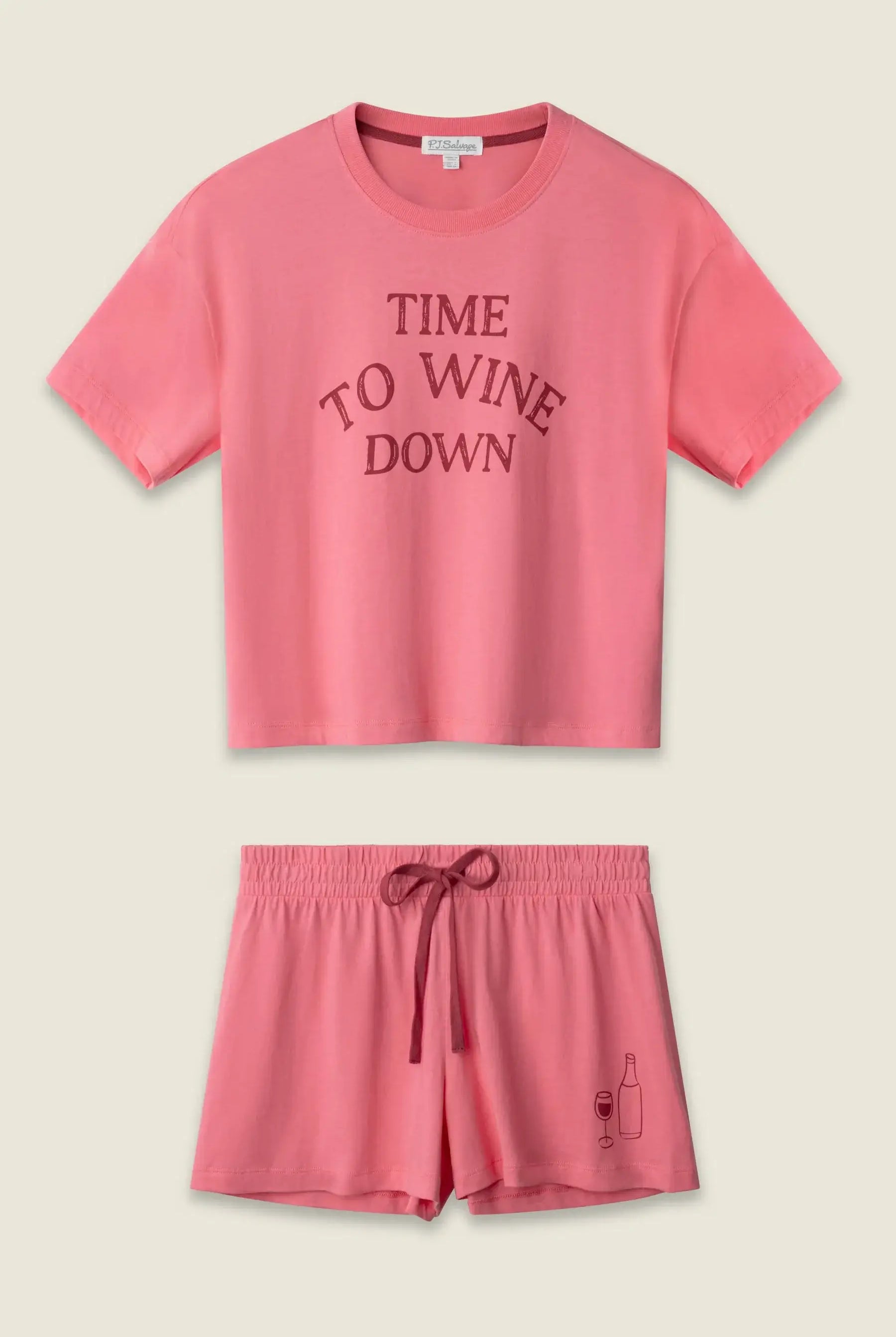 PJ SALVAGE Graphic Print Softee Tee & Short Lounge Set in "Time to Wine Down" rose pink. Set shown as a lay-flat against a light background