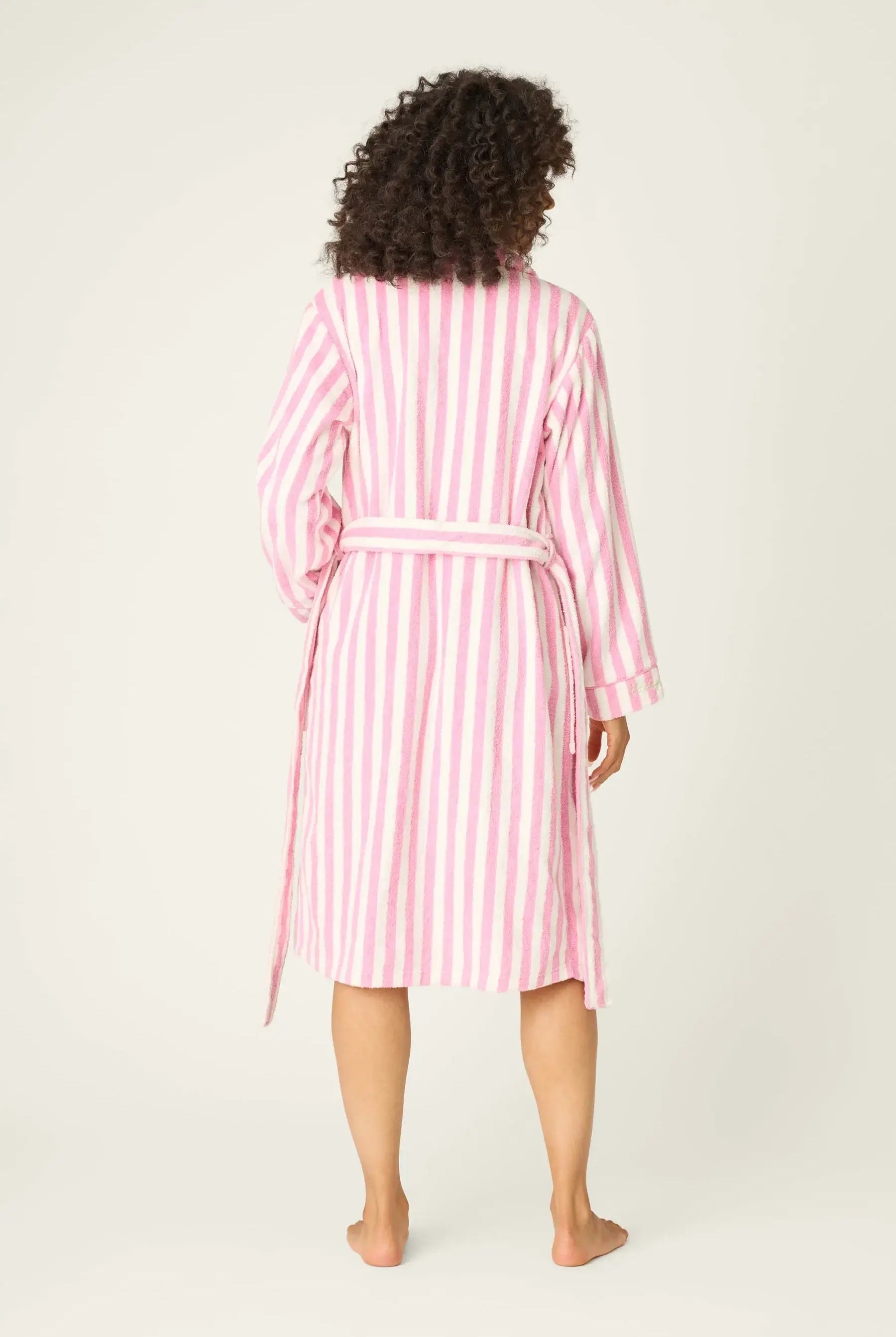 PJ SALVAGE Playful Cotton Terry Robe back view shot on model in the Out of Office Pink stripe print