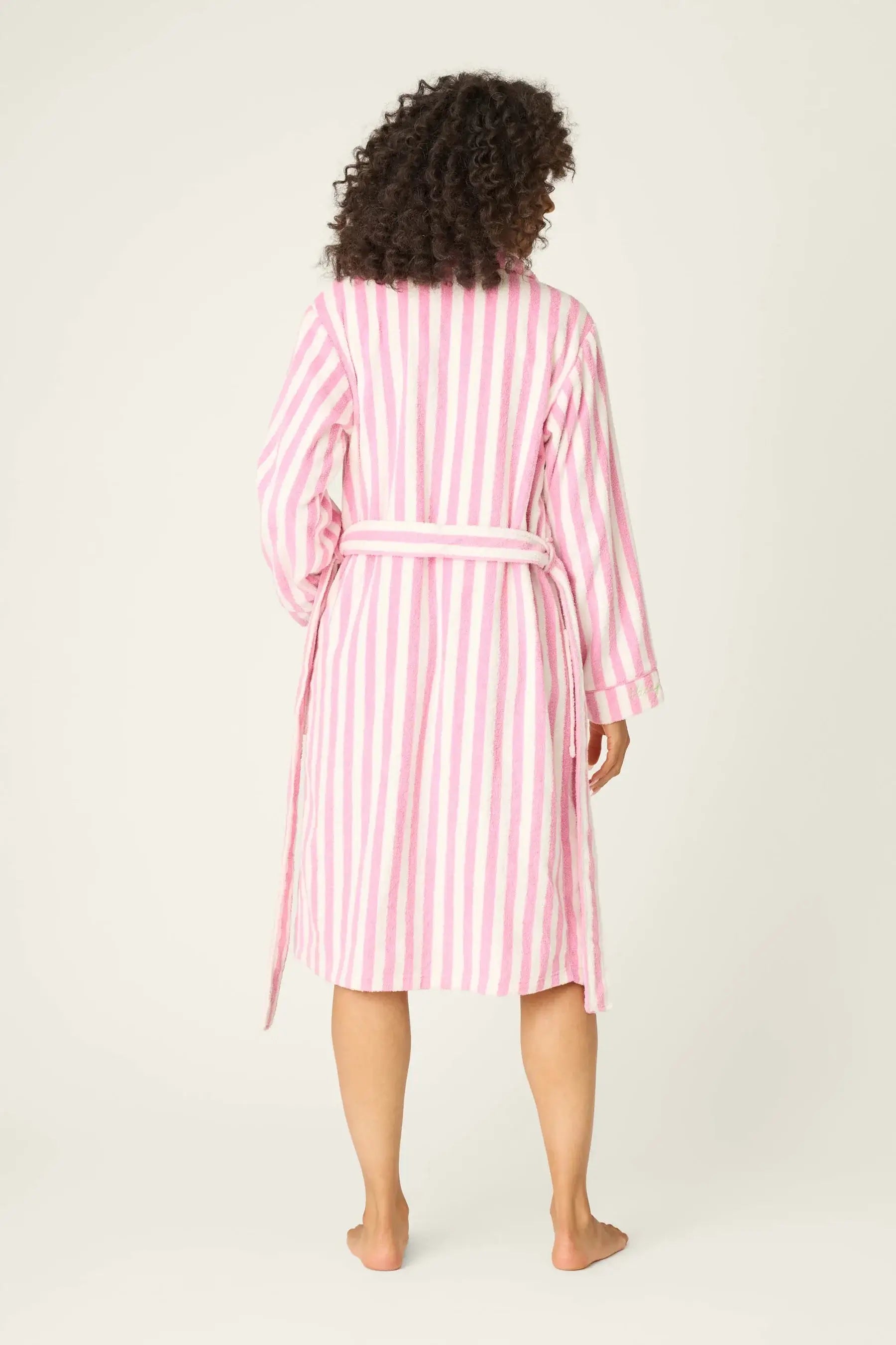 PJ SALVAGE Playful Cotton Terry Robe back view shot on model in the Out of Office Pink stripe print