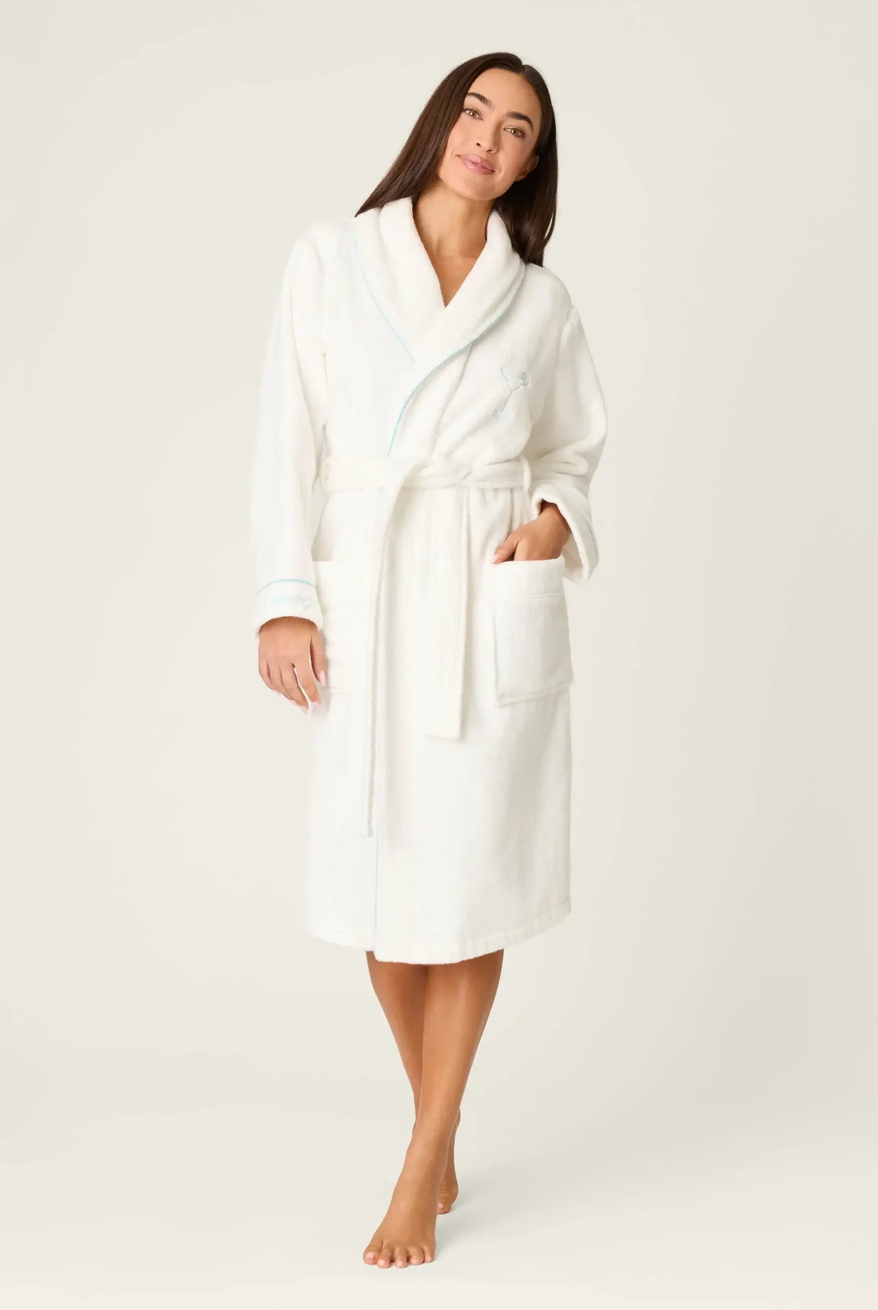 PJ SALVAGE Playful Cotton Terry Robe full length shot on model in the Happy Hour Classic White with embroidery