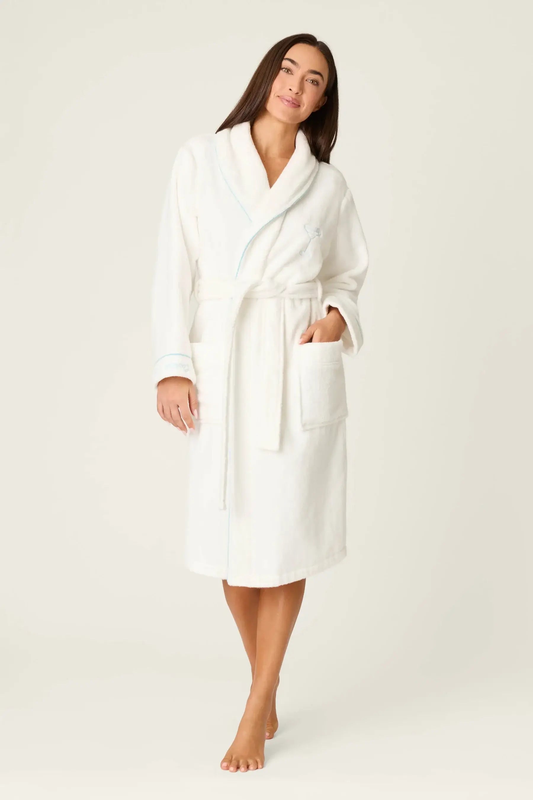 PJ SALVAGE Playful Cotton Terry Robe full length shot on model in the Happy Hour Classic White with embroidery