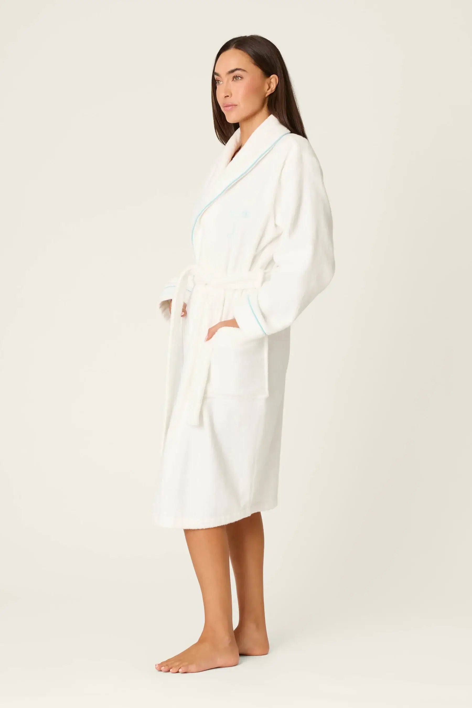 PJ SALVAGE Playful Cotton Terry Robe full length shot on model in the Happy Hour Classic White with embroidery