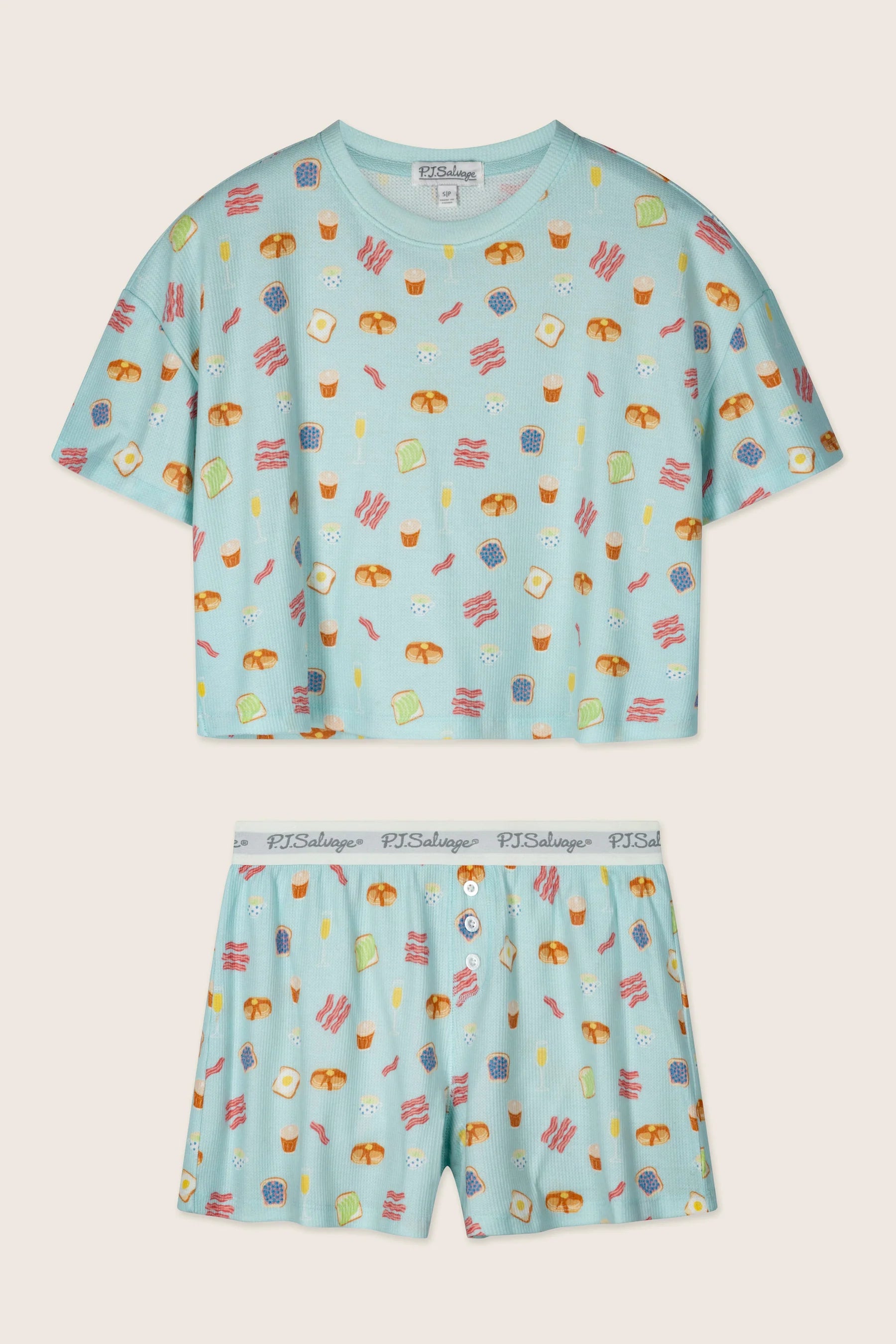 PJ Salvage Boyfriend Boxer Short PJ Set in Cool Blue Foodie print baby waffle knit — Cloud Nine Pajamas