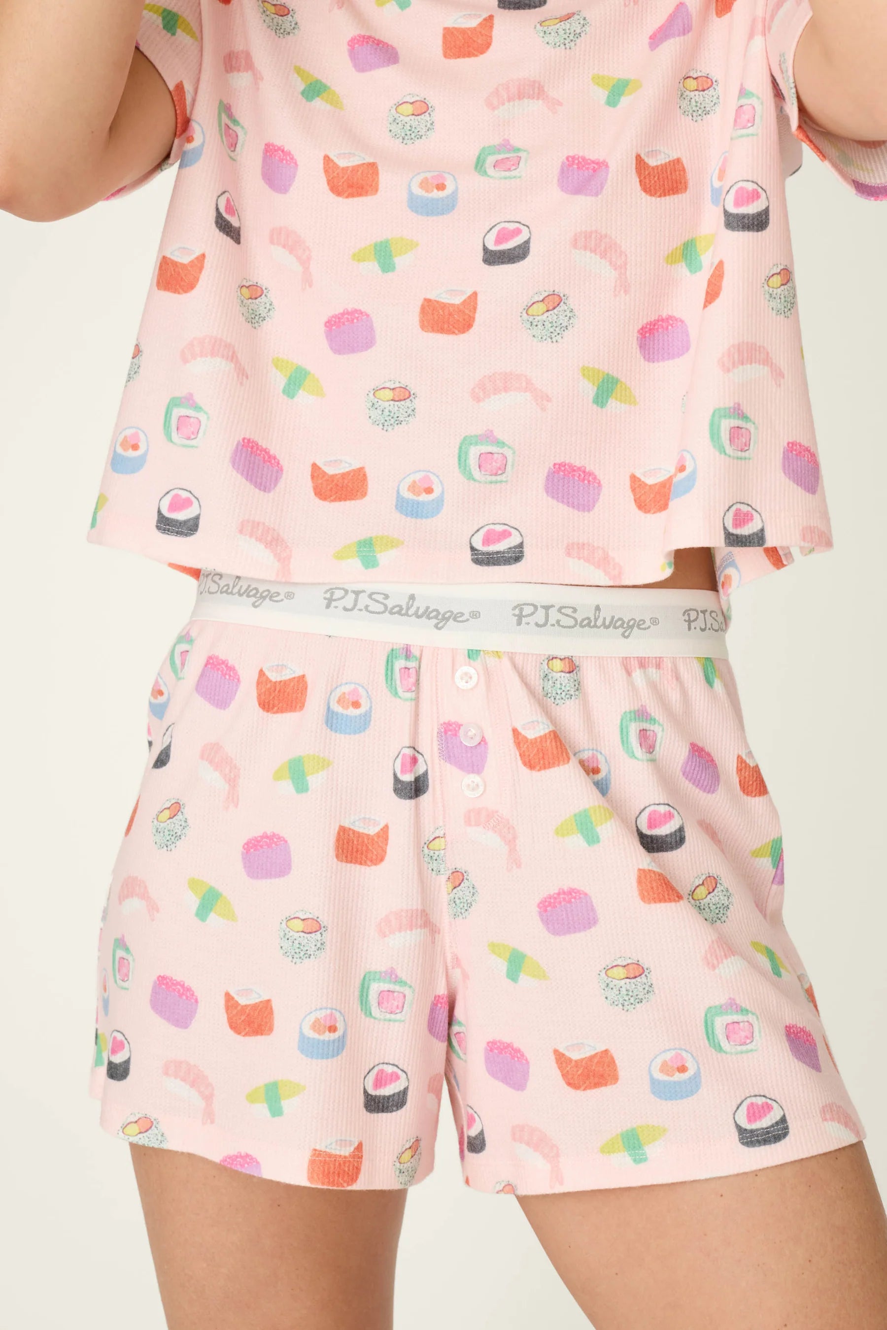 PJ Salvage Boyfriend Boxer Short PJ Set in Rosewater Sushi baby waffle knit — Cloud Nine Pajamas Edmonton