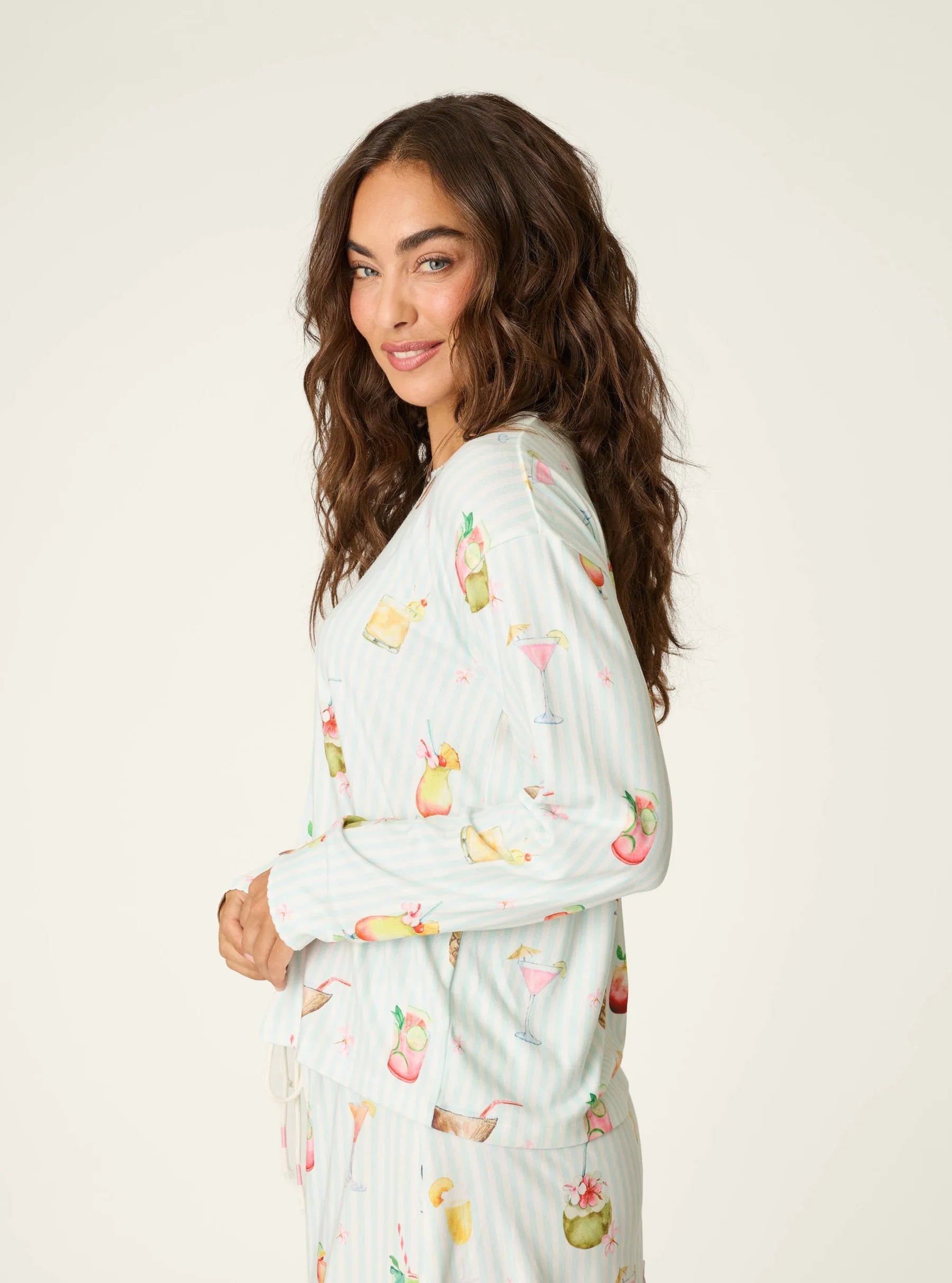 PJ Salvage 5 O'Clock Somewhere cocktail print long sleeve pyjama shirt and pant set in aqua and white stripe — Cloud Nine Pajamas Edmonton