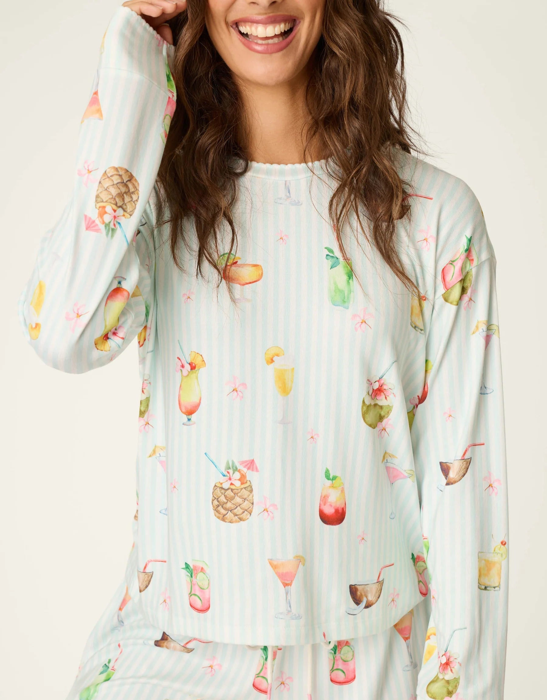 PJ Salvage 5 O'Clock Somewhere cocktail print long sleeve pyjama shirt and pant set in aqua and white stripe — Cloud Nine Pajamas Edmonton