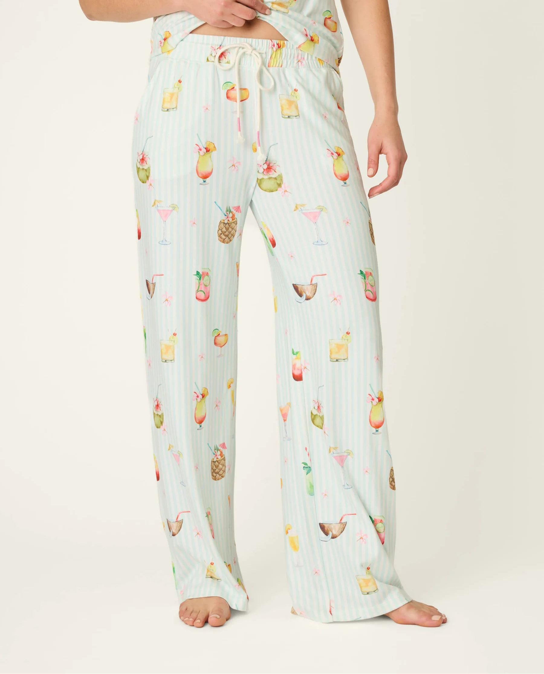 PJ Salvage 5 O'Clock Somewhere cocktail print long sleeve pyjama shirt and pant set in aqua and white stripe — Cloud Nine Pajamas Edmonton