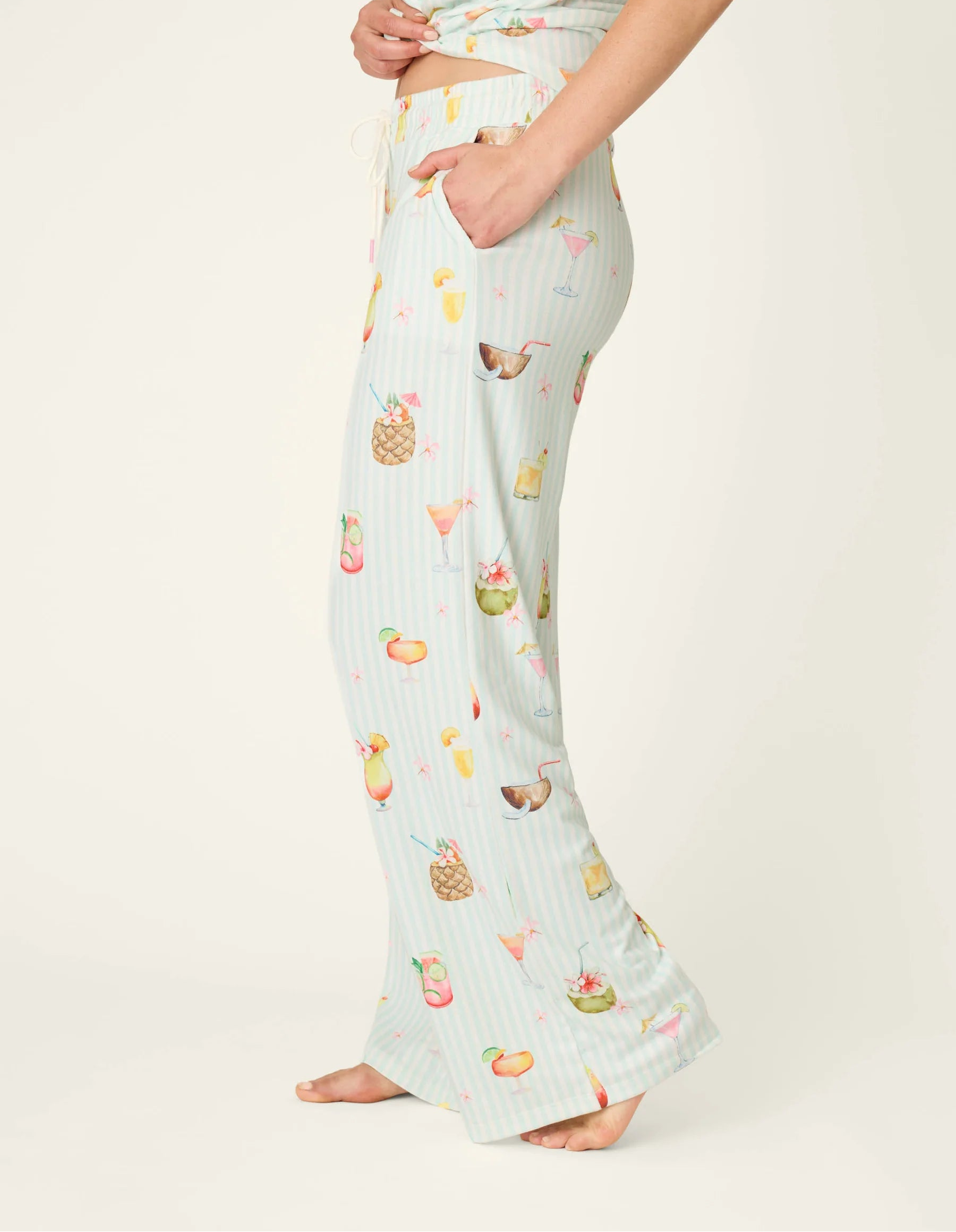 PJ Salvage 5 O'Clock Somewhere cocktail print long sleeve pyjama shirt and pant set in aqua and white stripe — Cloud Nine Pajamas Edmonton