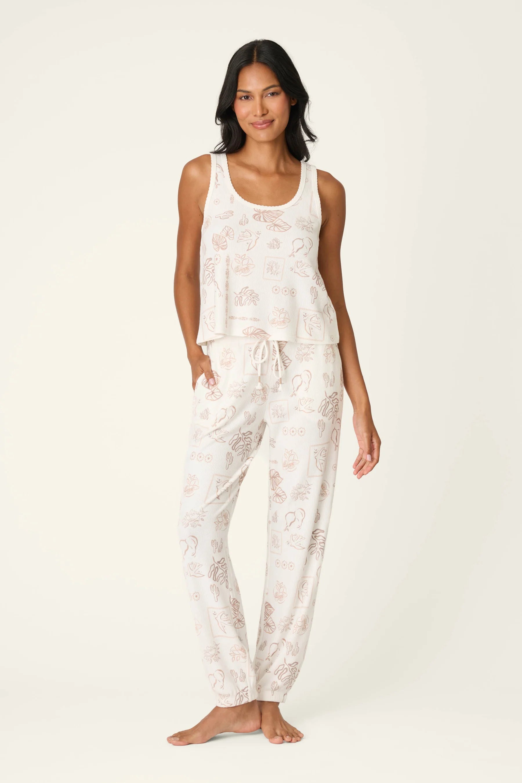 PJ Salvage Palms Away baby waffle knit tank and jogger set in peachy botanical palm print — Cloud Nine Pajamas Edmonton