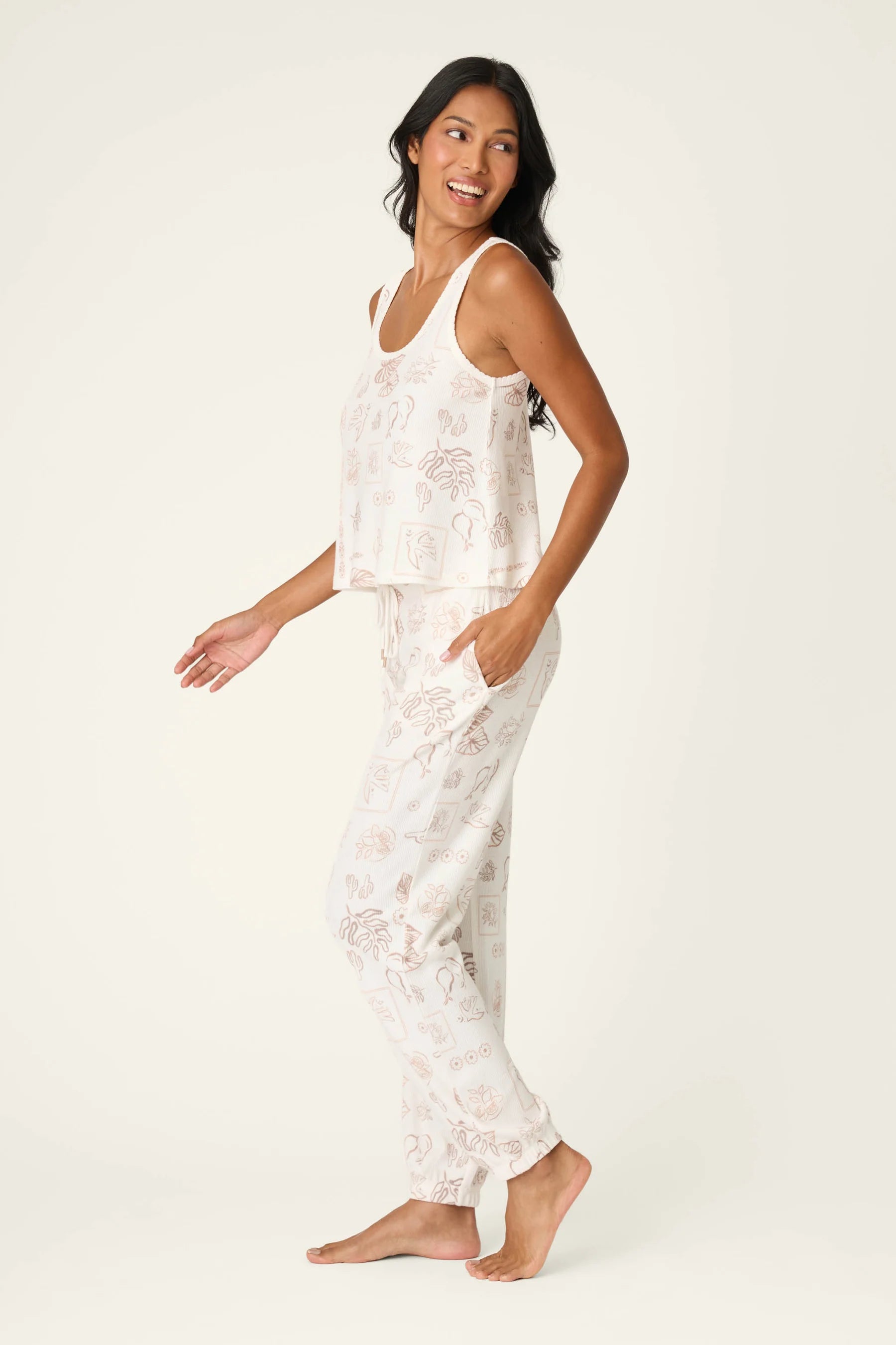 PJ Salvage Palms Away baby waffle knit tank and jogger set in peachy botanical palm print — Cloud Nine Pajamas Edmonton
