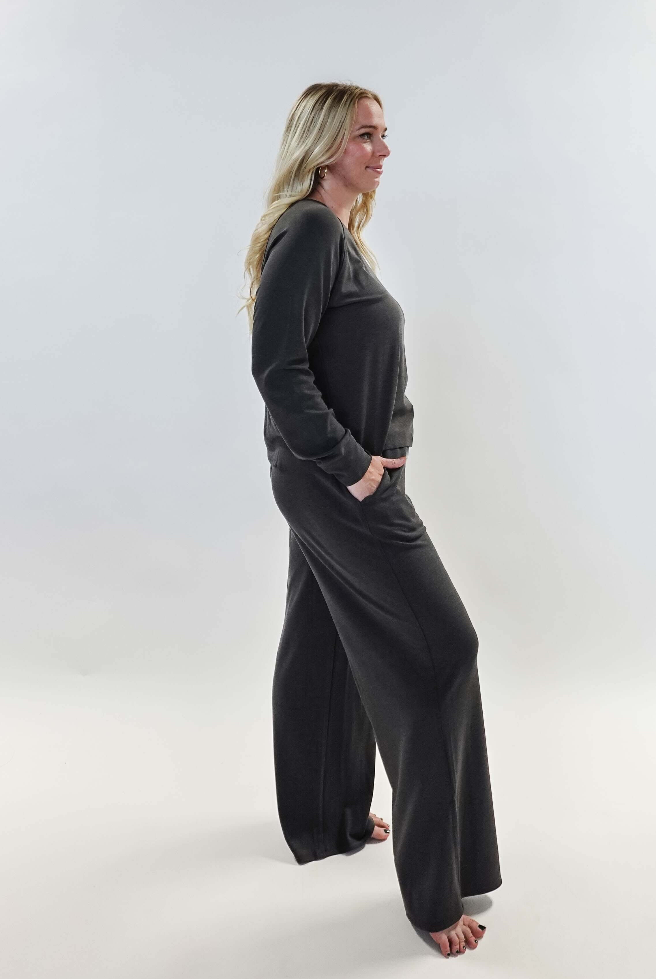 women's bamboo blend lounge set casual long sleeve top and straight pant MIRANDA NIC Charcoal Grey