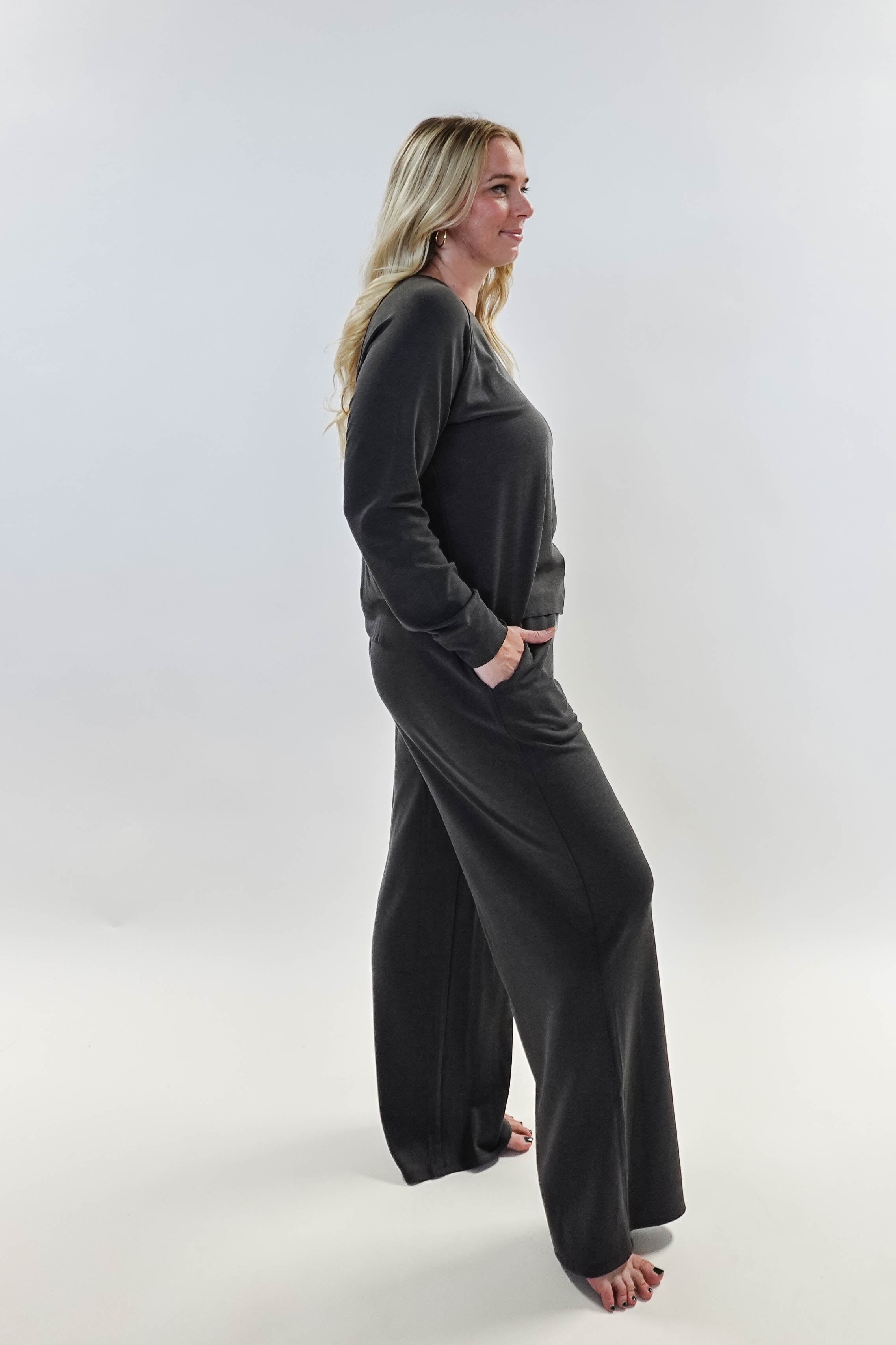 women's bamboo blend lounge set casual long sleeve top and straight pant MIRANDA NIC Charcoal Grey