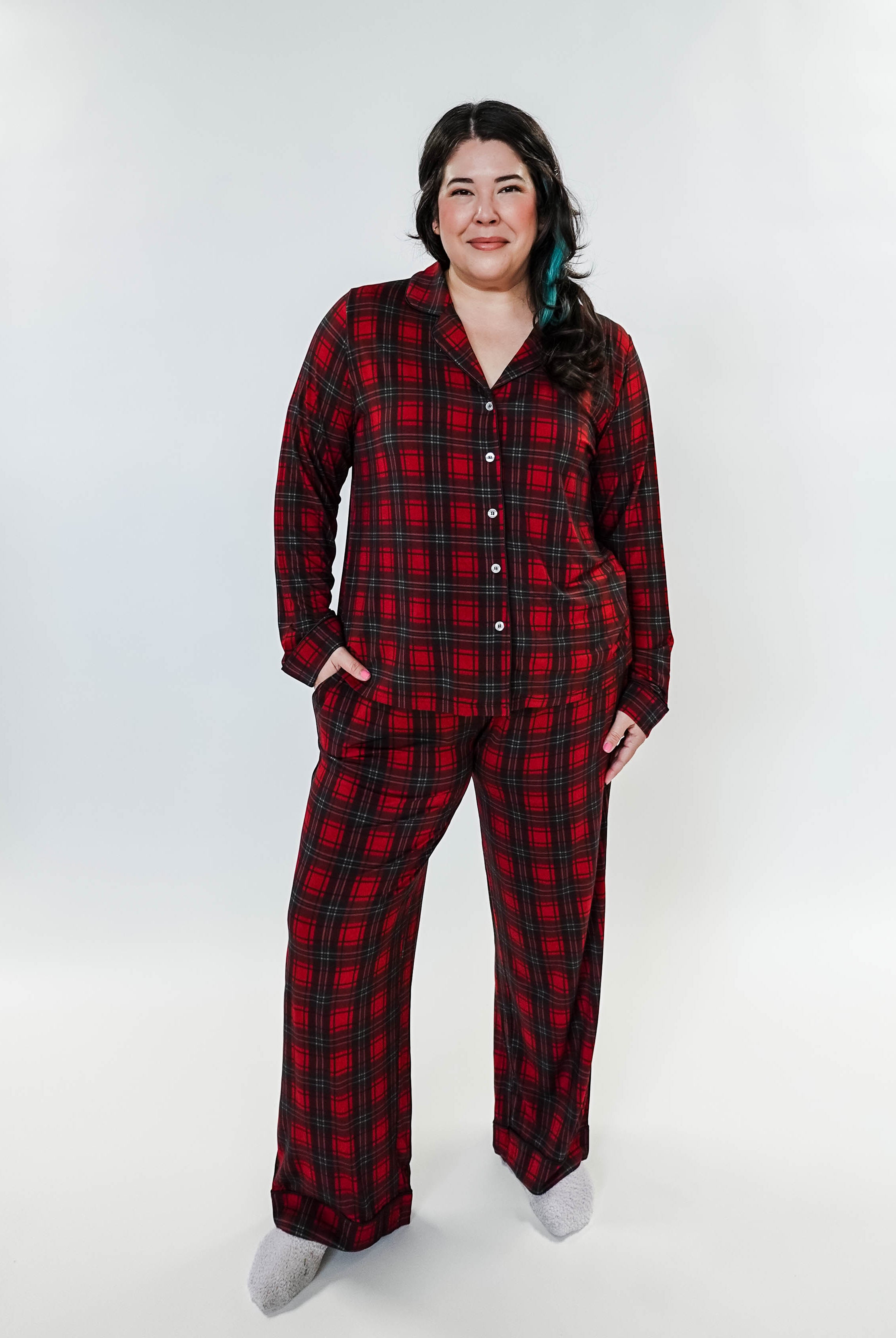 women's holiday pyjamas - Red Plaid Button Up Bamboo PJ Set Straight Leg Pant by Georgia Rylan, pictures shows plus size model with sizing and measurement details