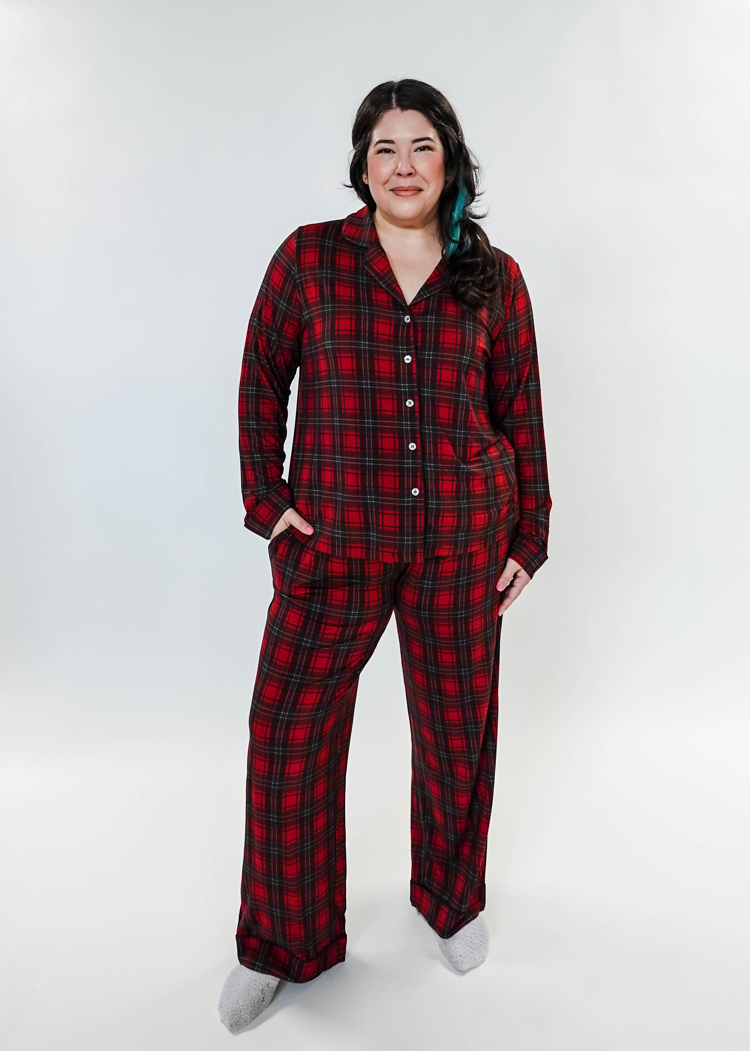 women's holiday pyjamas - Red Plaid Button Up Bamboo PJ Set Straight Leg Pant by Georgia Rylan, pictures shows plus size model with sizing and measurement details