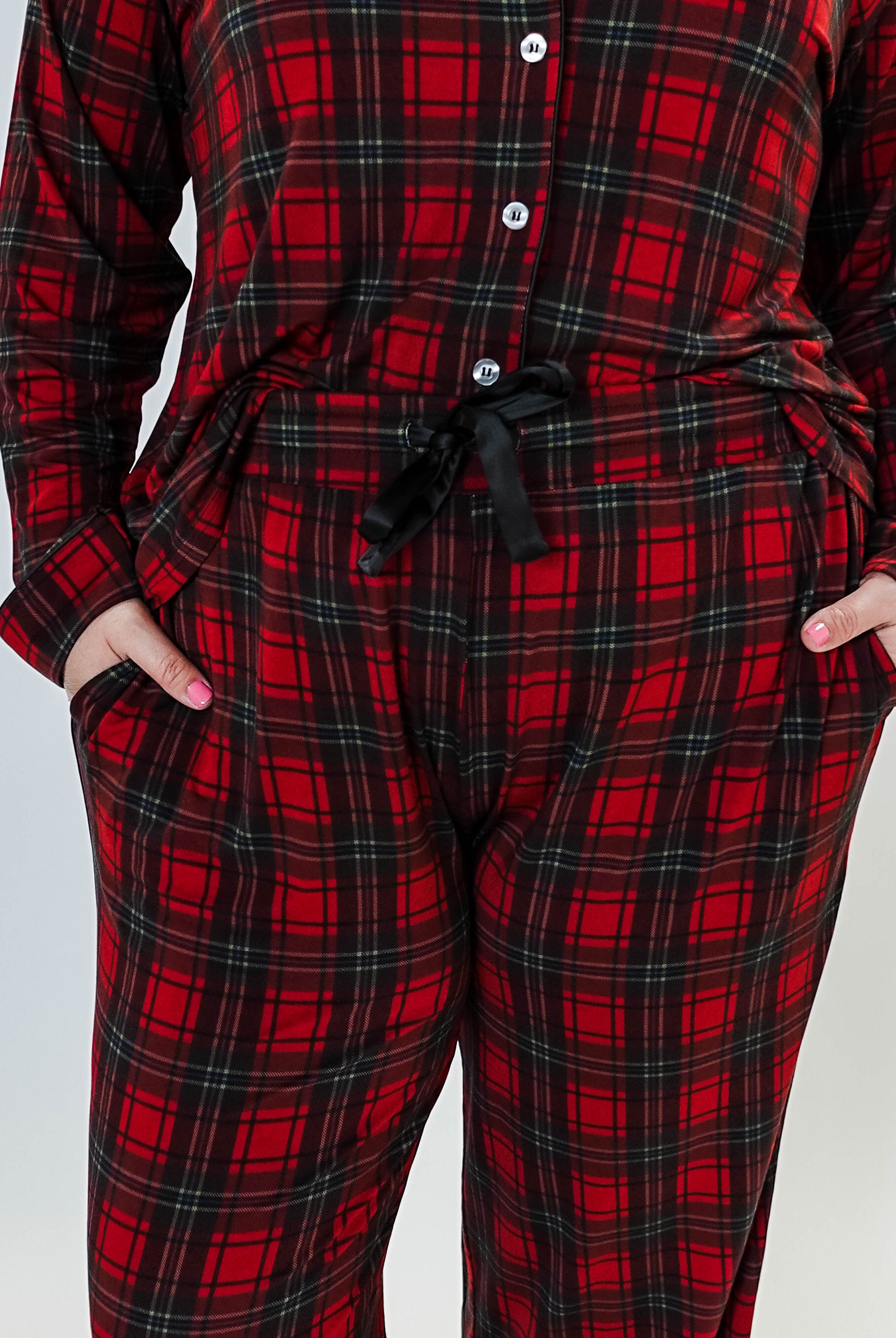 women's Red Plaid Button Up Bamboo PJ Set Straight Leg Pant for holidays Georgia Rylan - showcasing the details of the drawstring pant and pockets