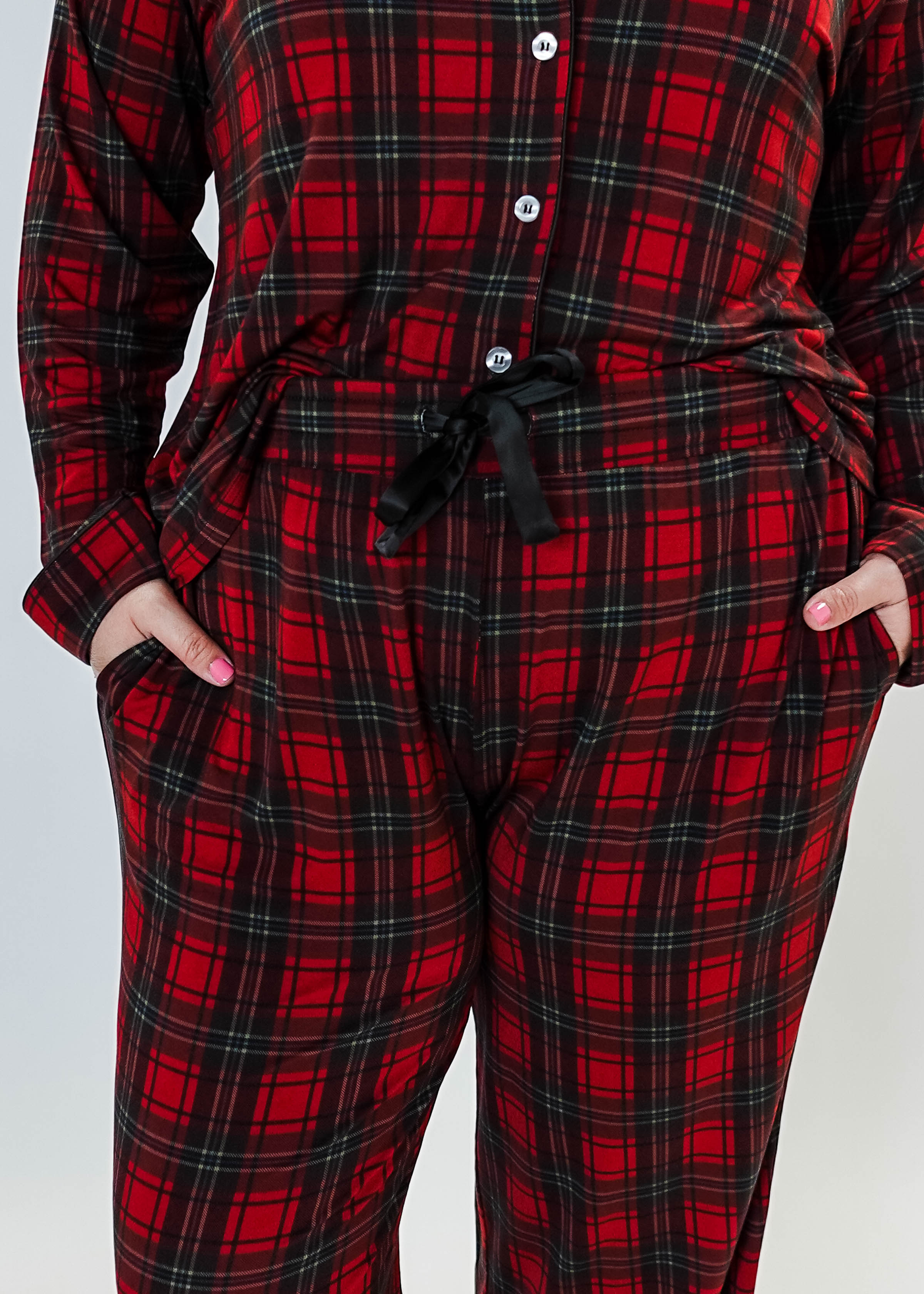 women's Red Plaid Button Up Bamboo PJ Set Straight Leg Pant for holidays Georgia Rylan - showcasing the details of the drawstring pant and pockets