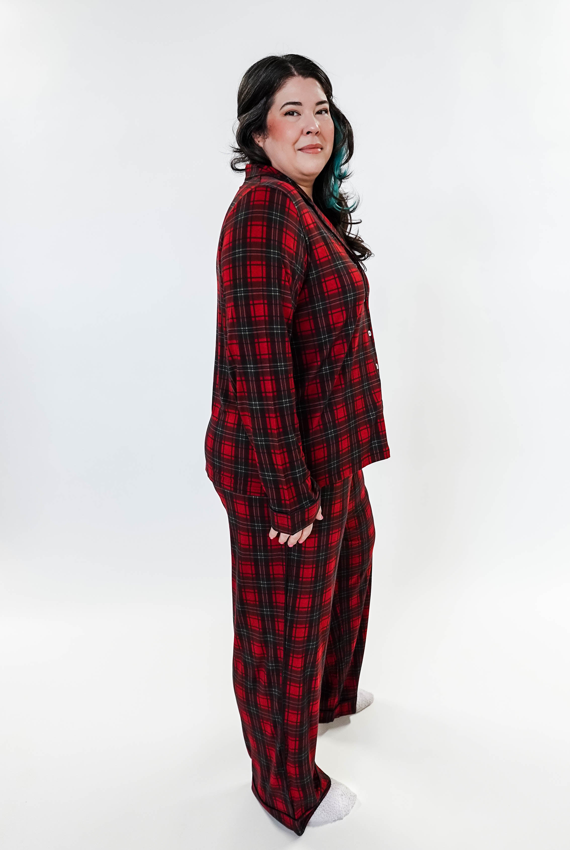women's red plaid button up pj set in bamboo for holidays Georgia Rylan