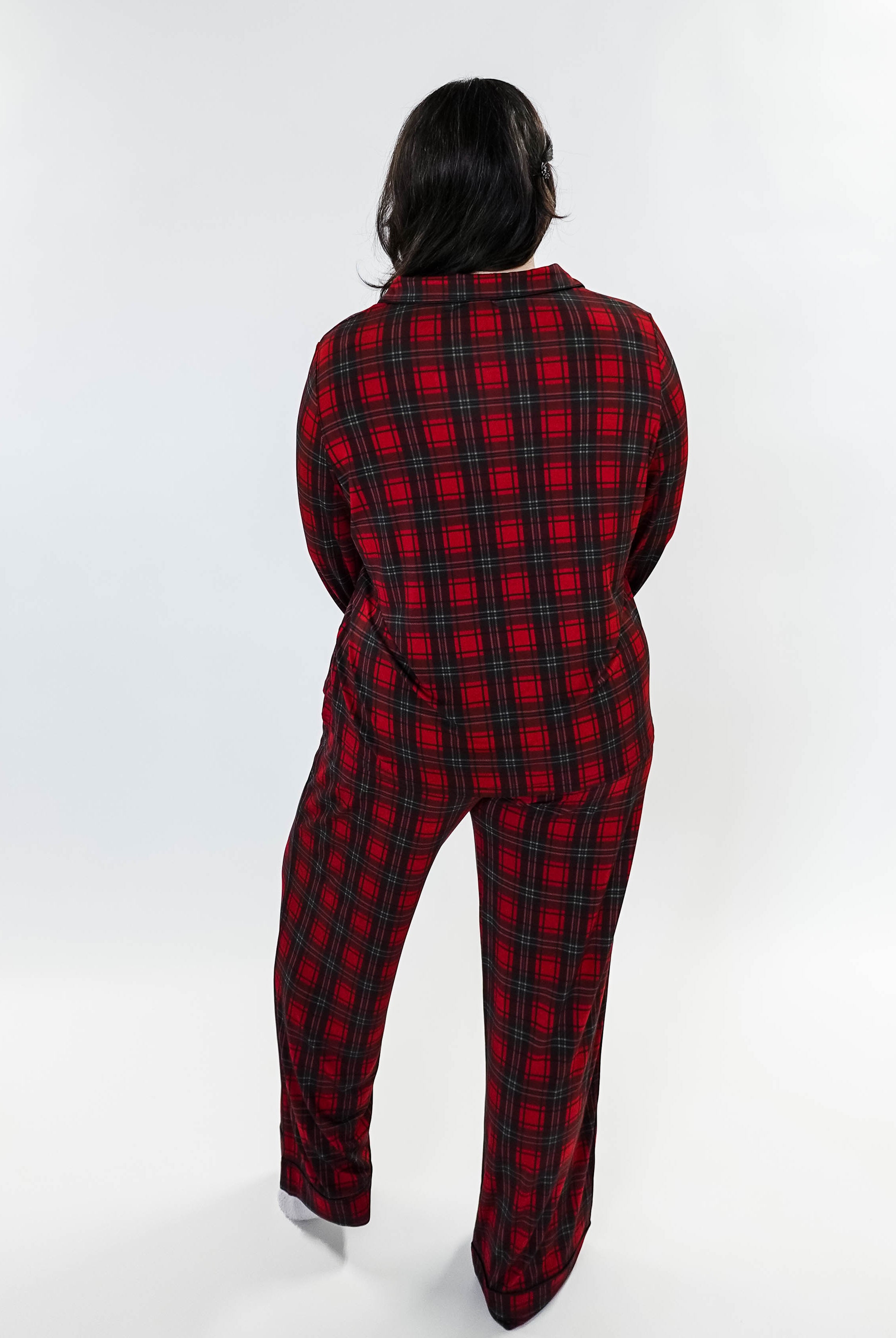 women's red plaid button up pj set in bamboo for holidays Georgia Rylan