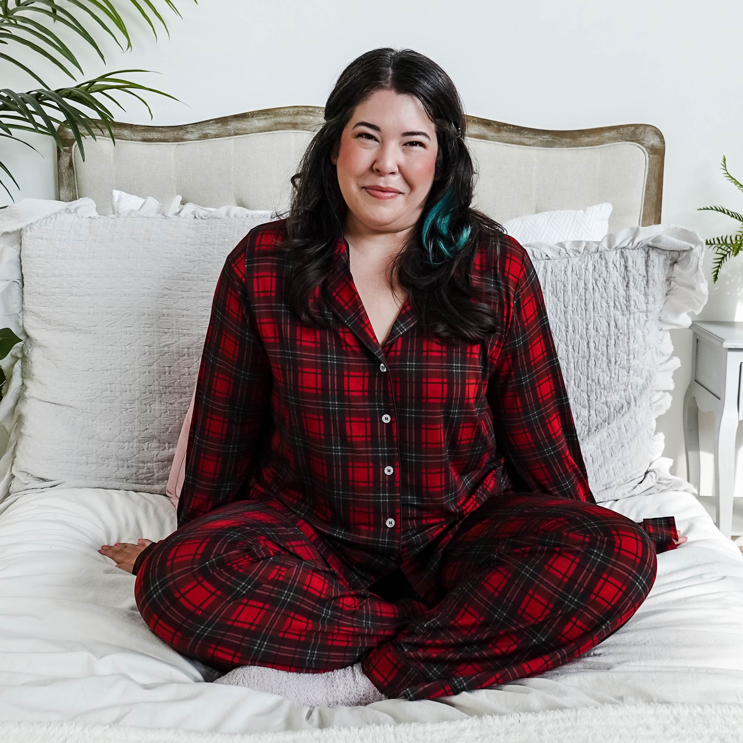 Red Plaid Button Up Bamboo PJ Set Straight Leg Pant - women's holiday pajamas