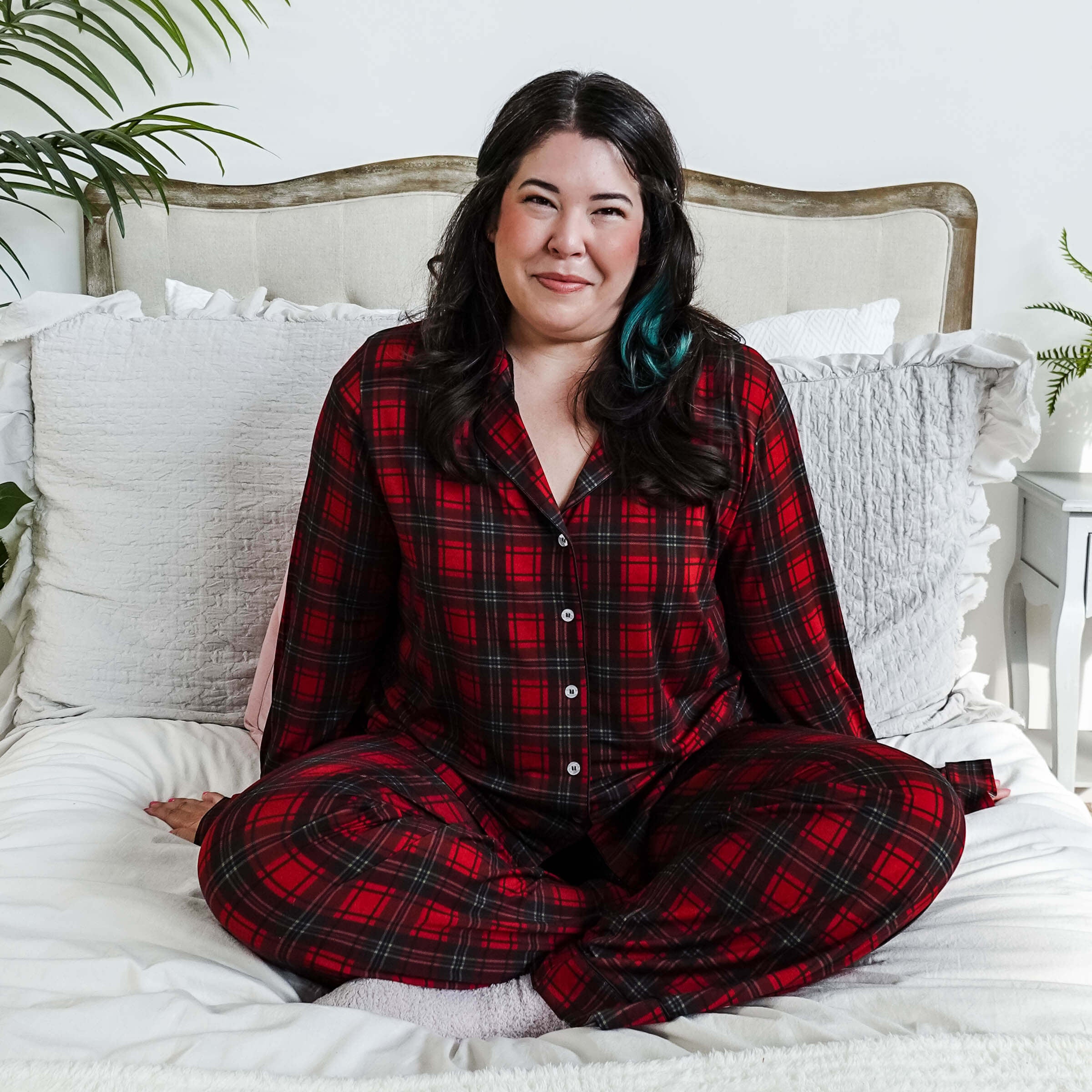 Red Plaid Button Up Bamboo PJ Set Straight Leg Pant - women's holiday pajamas