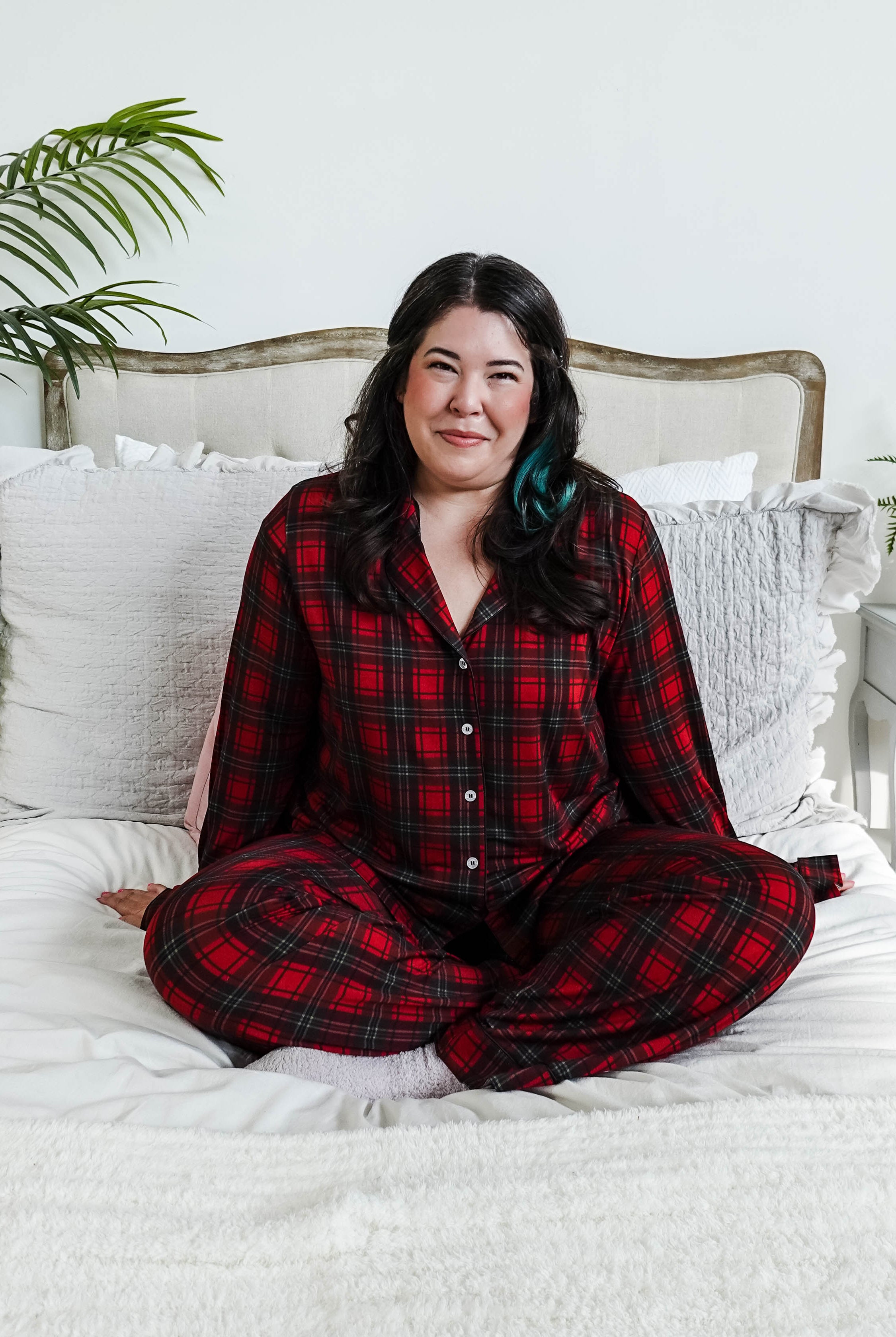 Red Plaid Button Up Bamboo PJ Set Straight Leg Pant - women's holiday pajamas