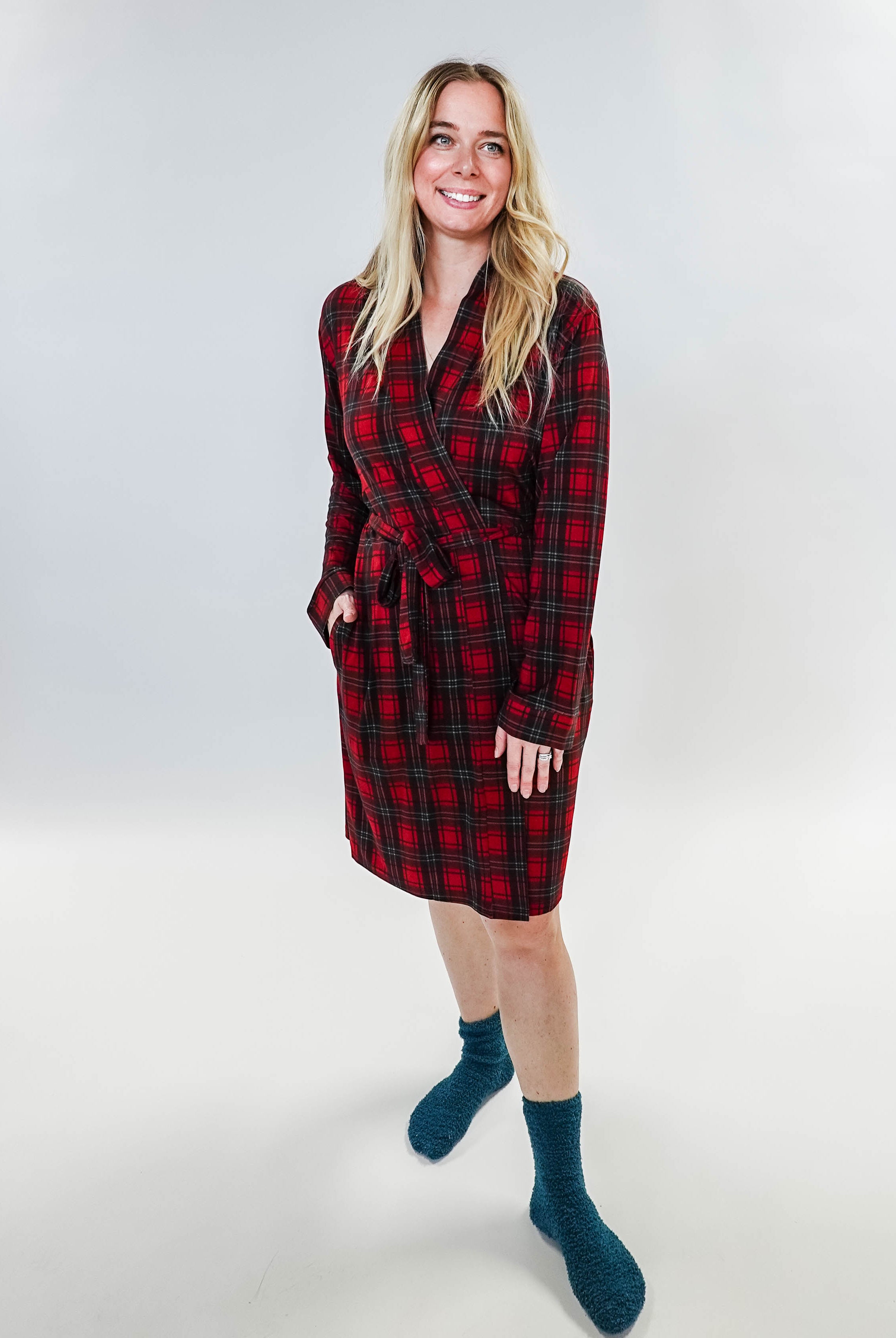 women's holiday red plaid robe in bamboo Georgia Rylan