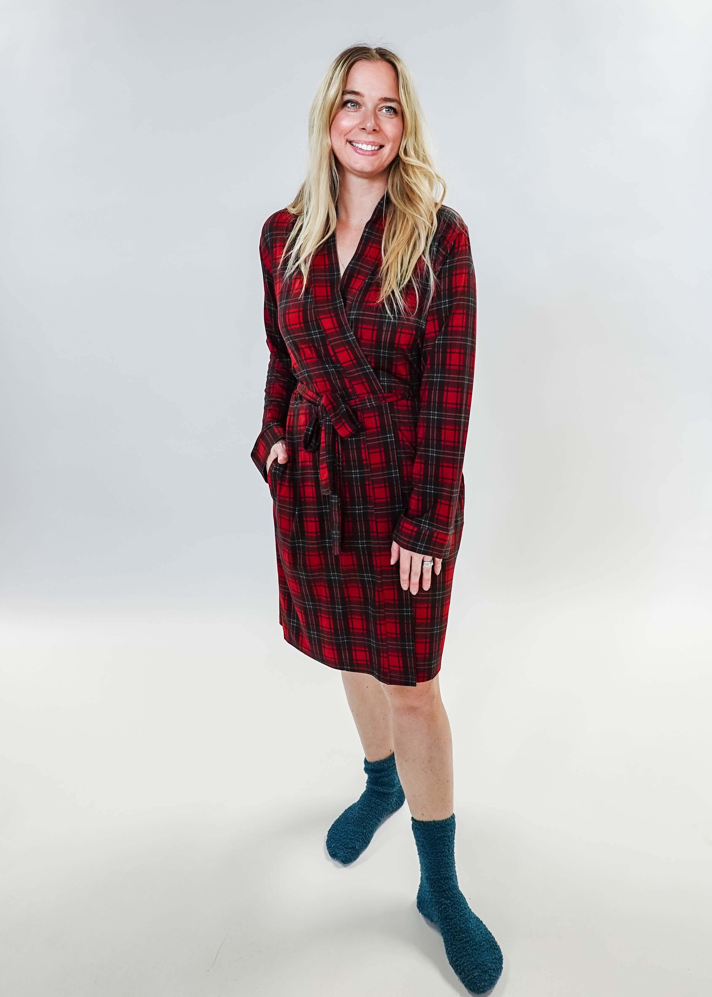 women's holiday red plaid robe in bamboo Georgia Rylan
