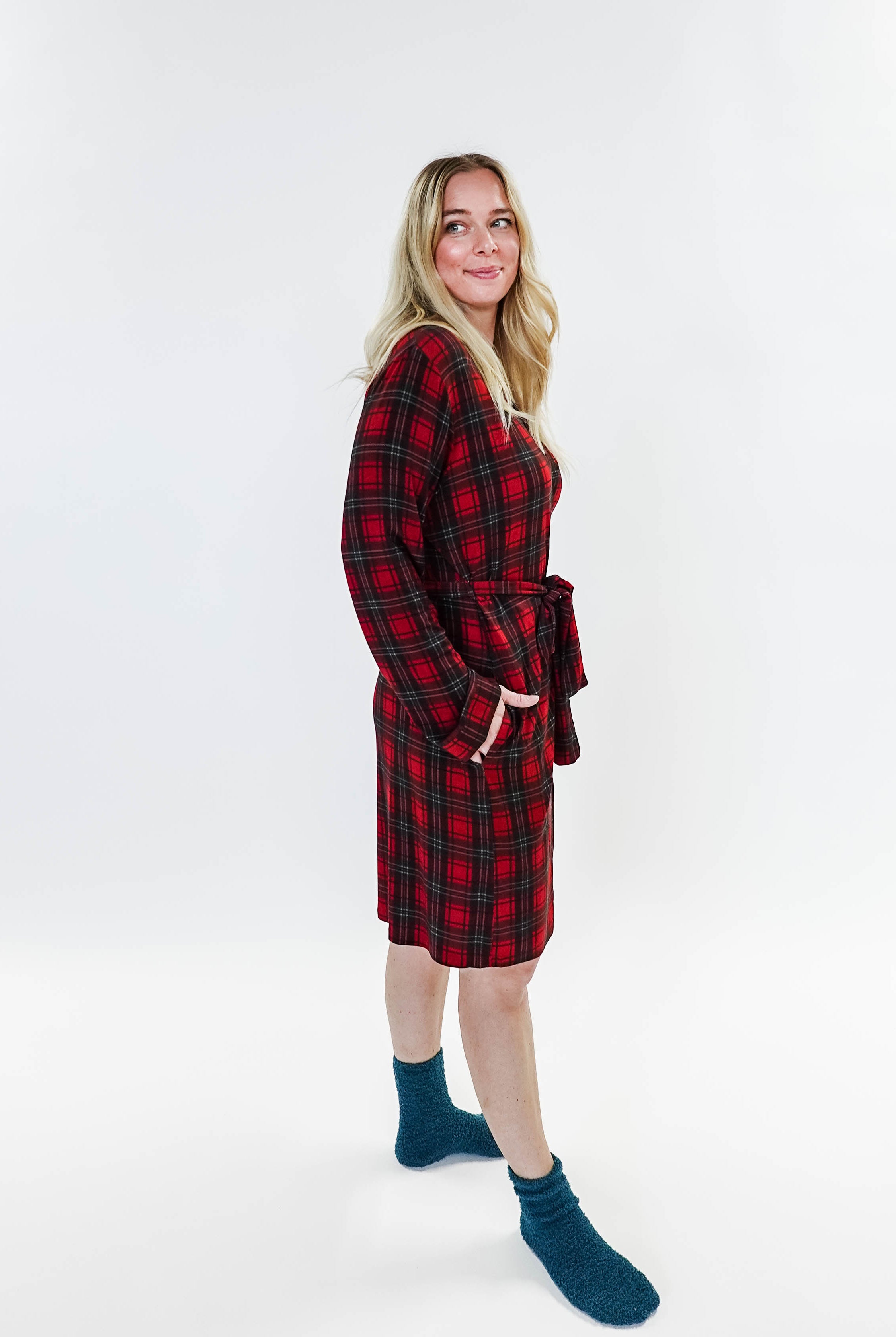 women's holiday red plaid robe in bamboo Georgia Rylan