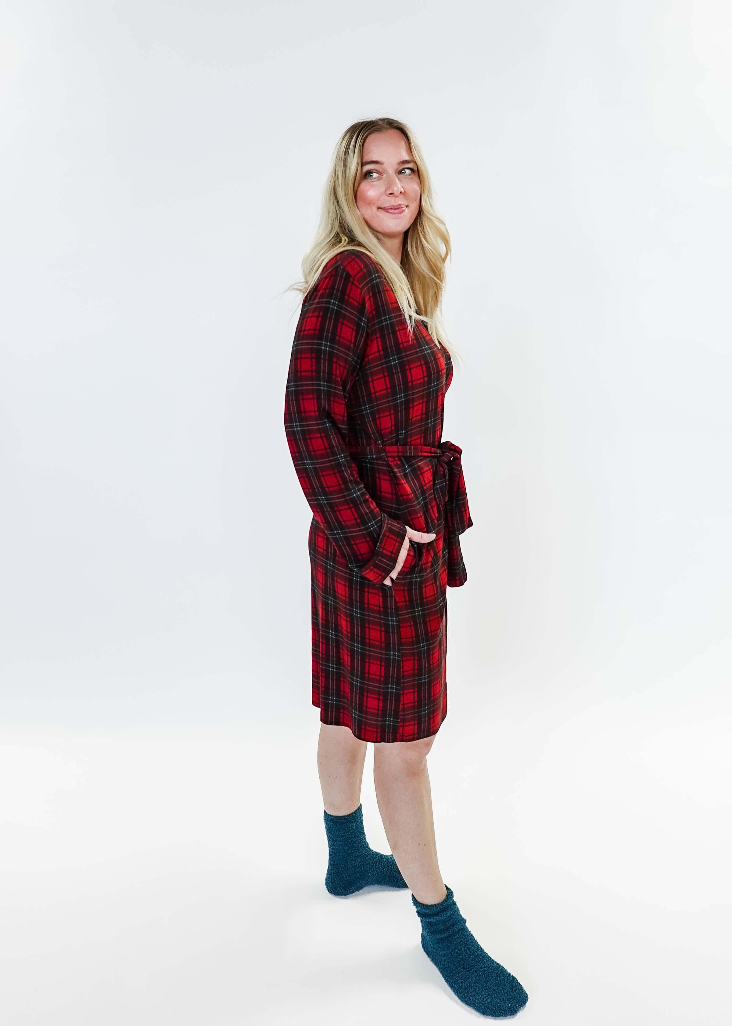 women's holiday red plaid robe in bamboo Georgia Rylan