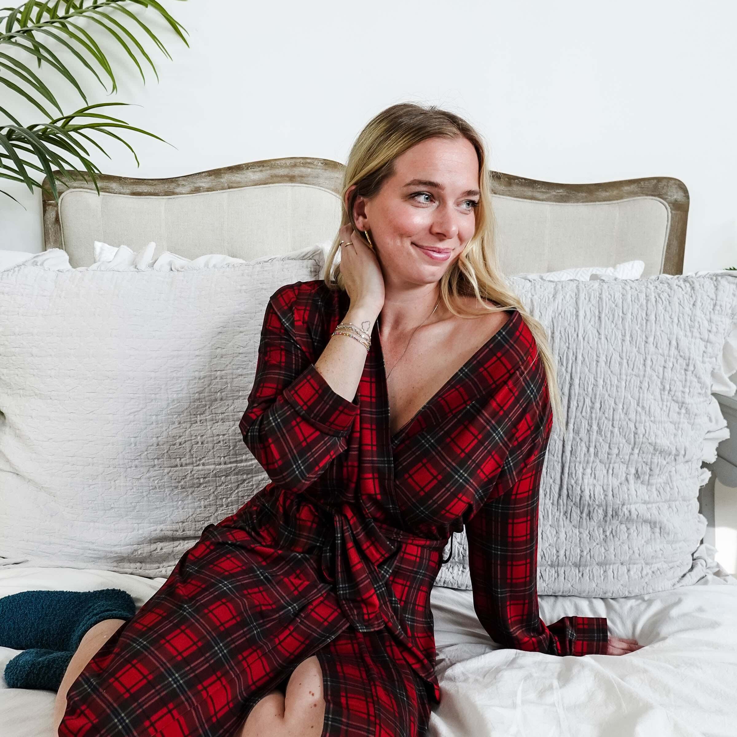 women's holiday red plaid robe in bamboo Georgia Rylan