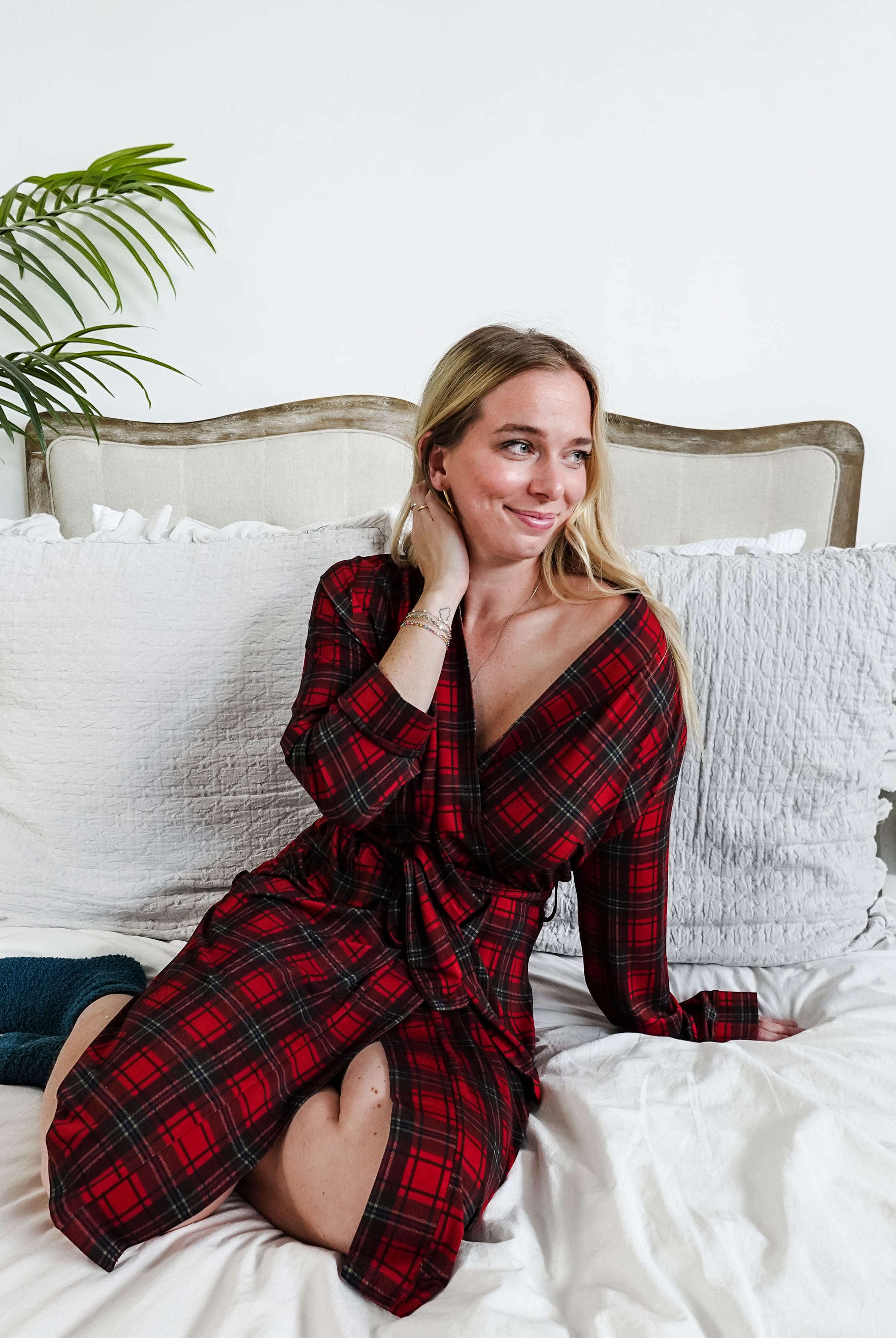 women's holiday red plaid robe in bamboo Georgia Rylan