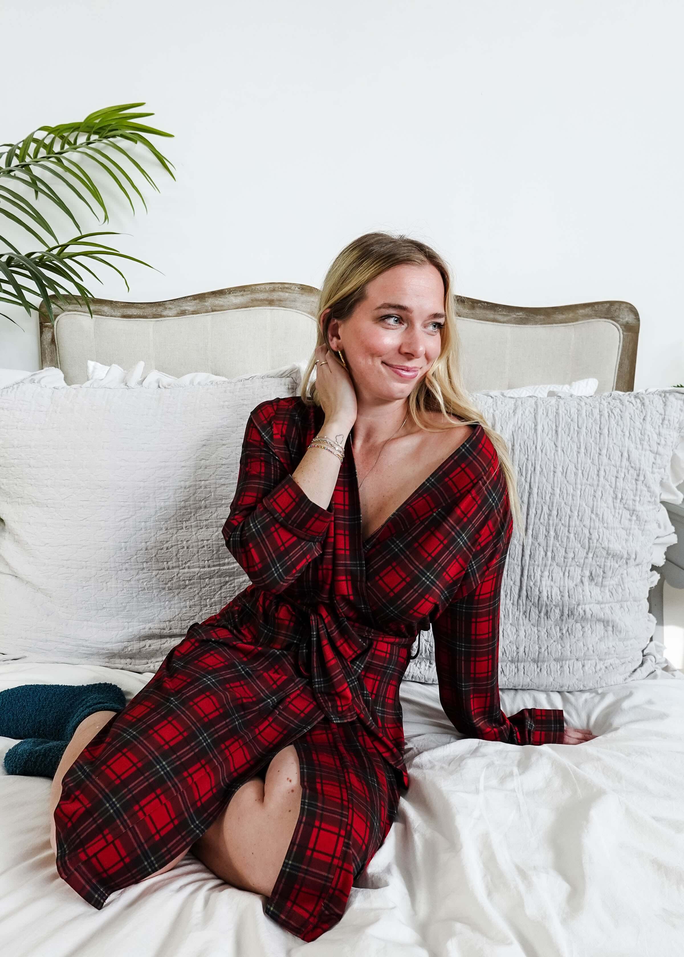 women's holiday red plaid robe in bamboo Georgia Rylan