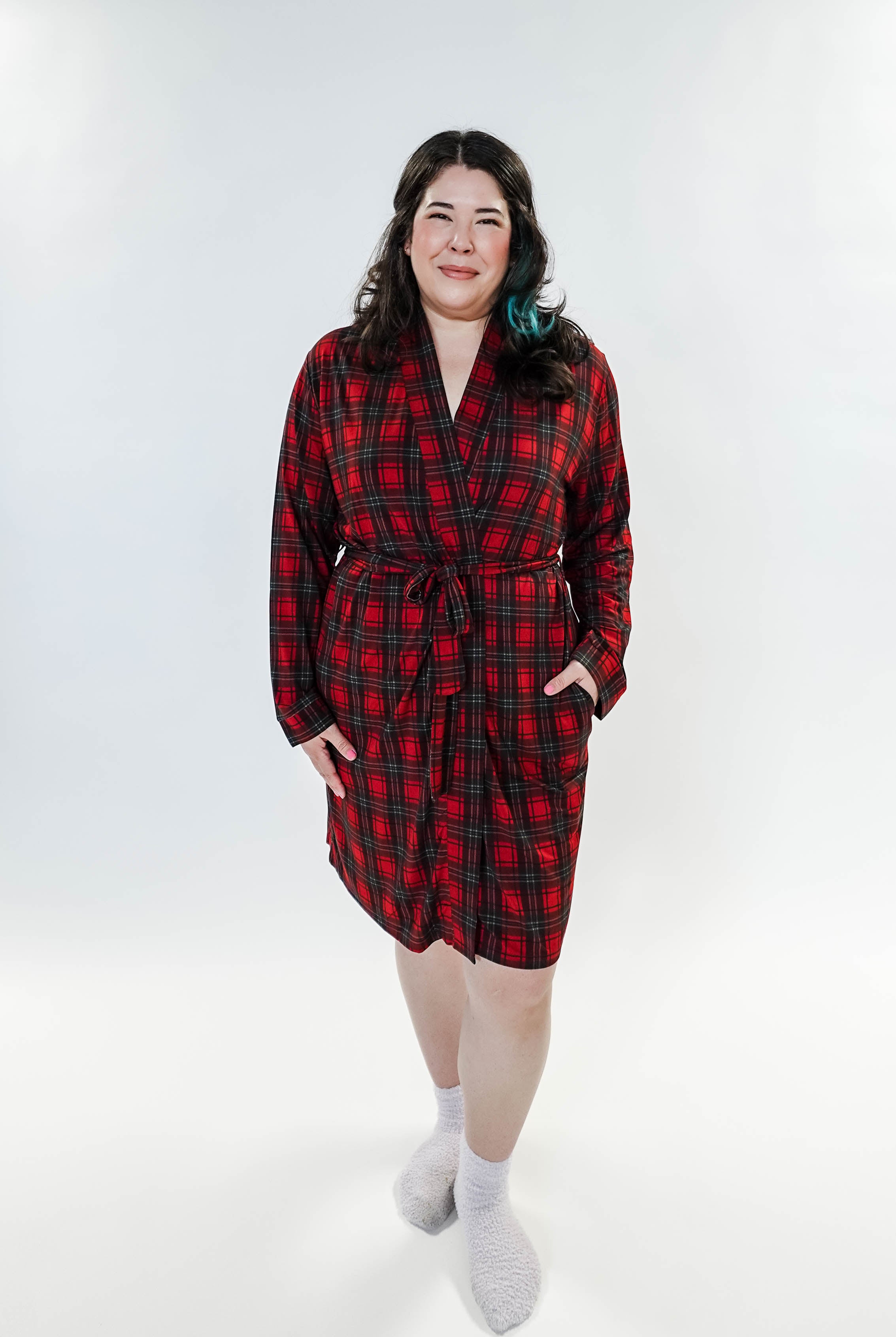 women's holiday red plaid robe in bamboo Georgia Rylan