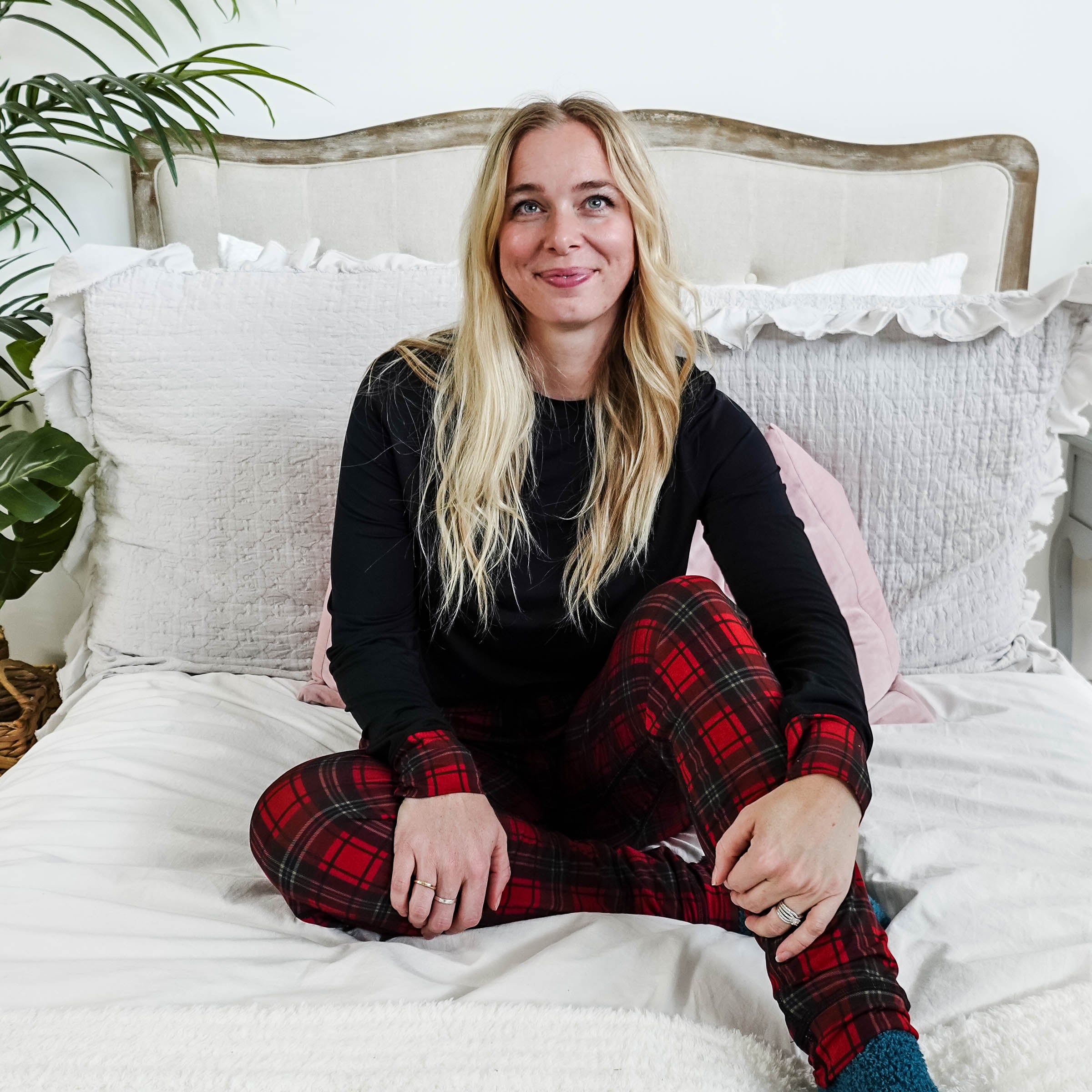 Red Plaid & Black Long Sleeve Jogger Bamboo PJ Set women's holiday pj set red plaid with solid top jogger and top bamboo Georgia Rylan