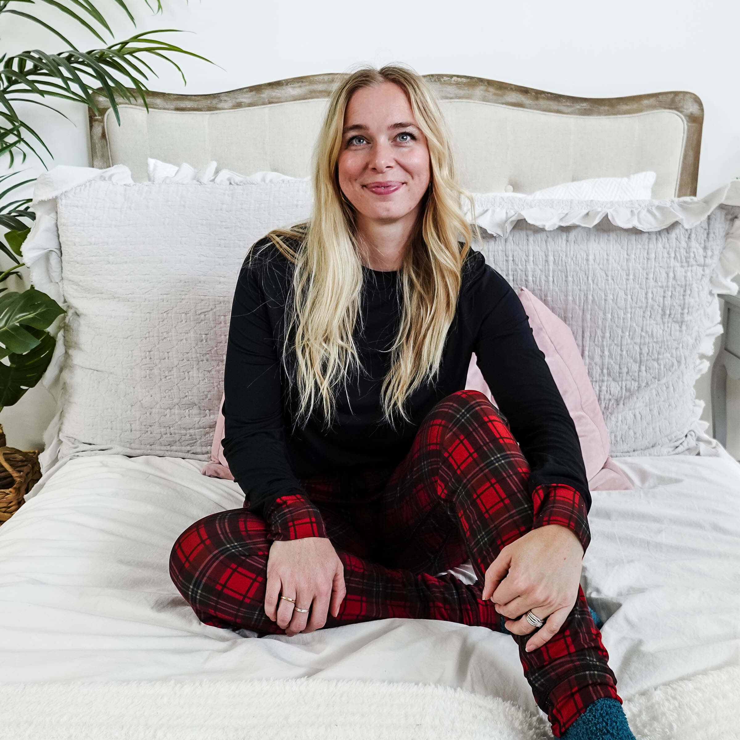 Red Plaid & Black Long Sleeve Jogger Bamboo PJ Set women's holiday pj set red plaid with solid top jogger and top bamboo Georgia Rylan